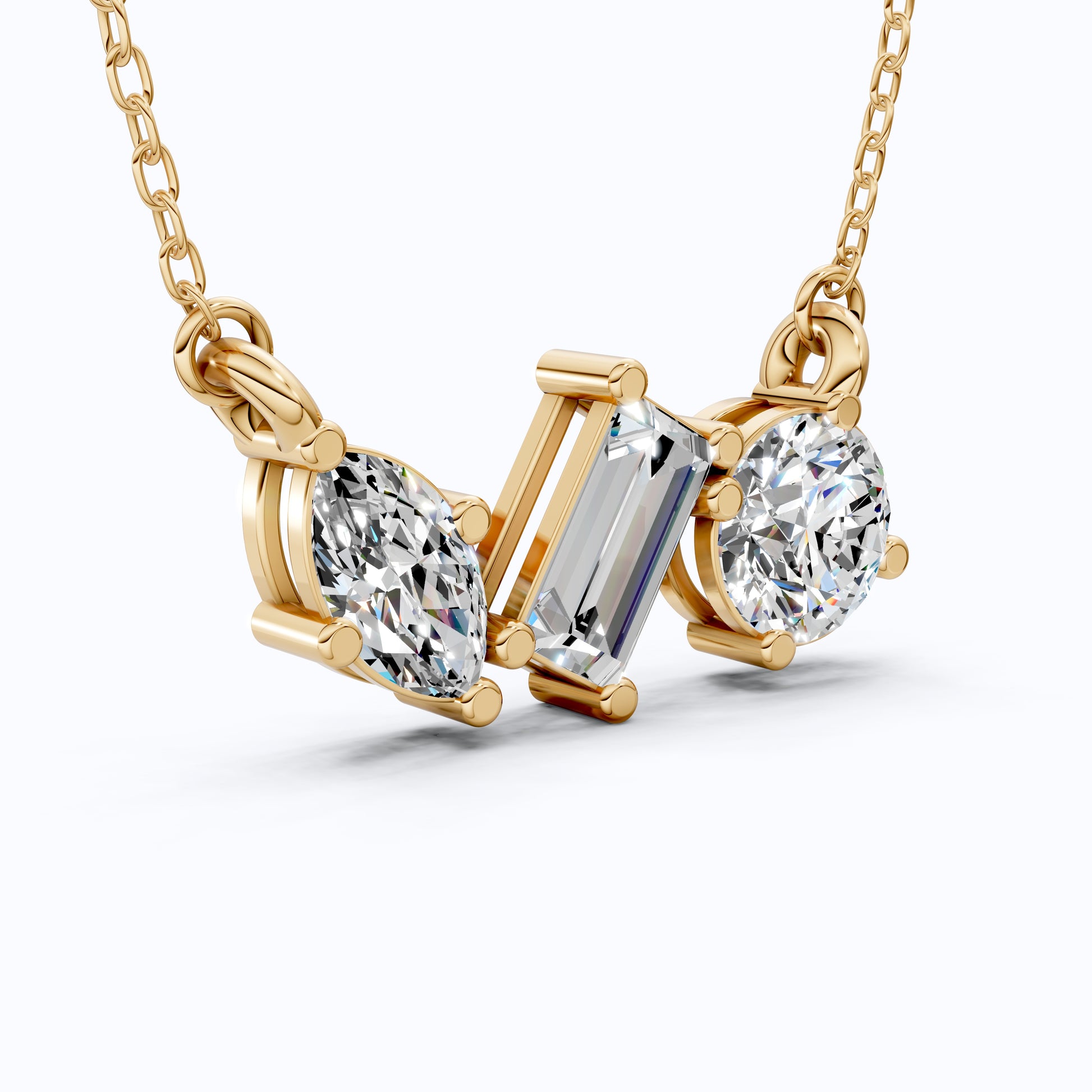 Geometric Trio Stone Diamond Pendant Necklace in 14k Solid Gold, 3.46 TCW Multi Shaped Lab Grown Diamonds, Anniversary Gift, Bridal Jewelry, Wedding Gift for Wife