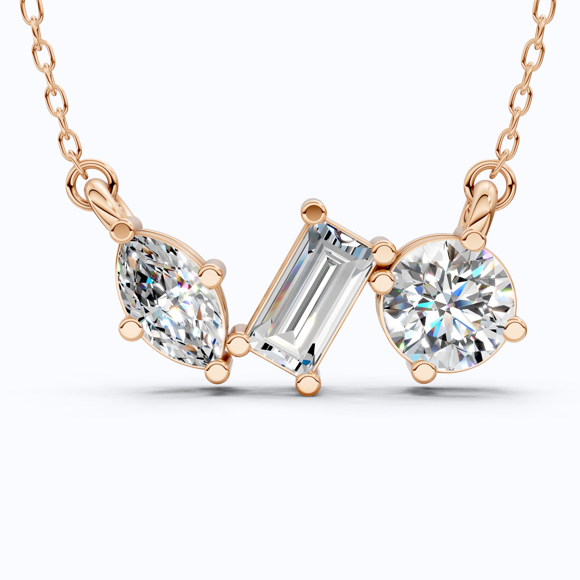Geometric Trio Stone Diamond Pendant Necklace in 14k Solid Gold, 3.46 TCW Multi Shaped Lab Grown Diamonds, Anniversary Gift, Bridal Jewelry, Wedding Gift for Wife