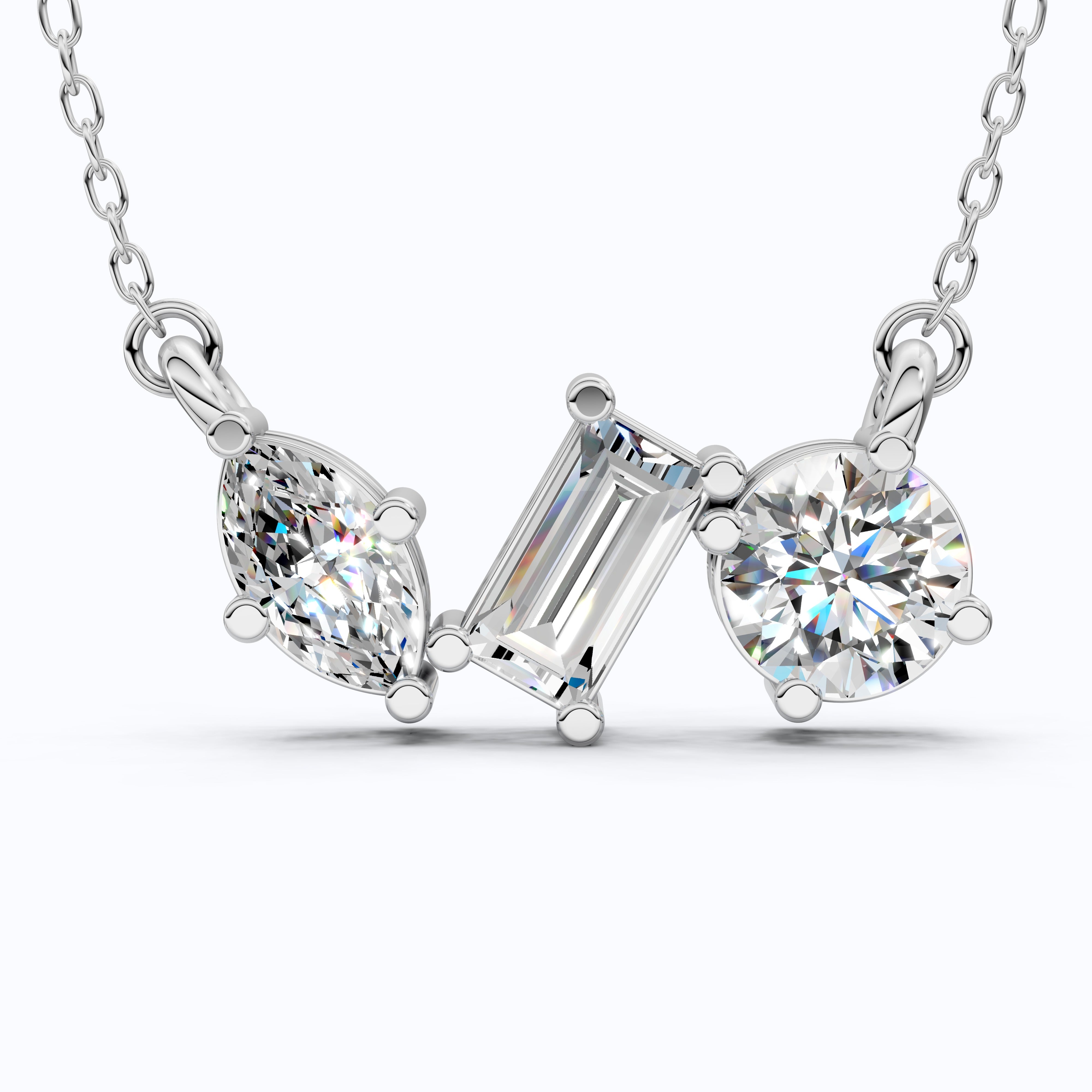 Geometric Trio Stone Diamond Pendant Necklace in 14k Solid Gold, 3.46 TCW Multi Shaped Lab Grown Diamonds, Anniversary Gift, Bridal Jewelry, Wedding Gift for Wife