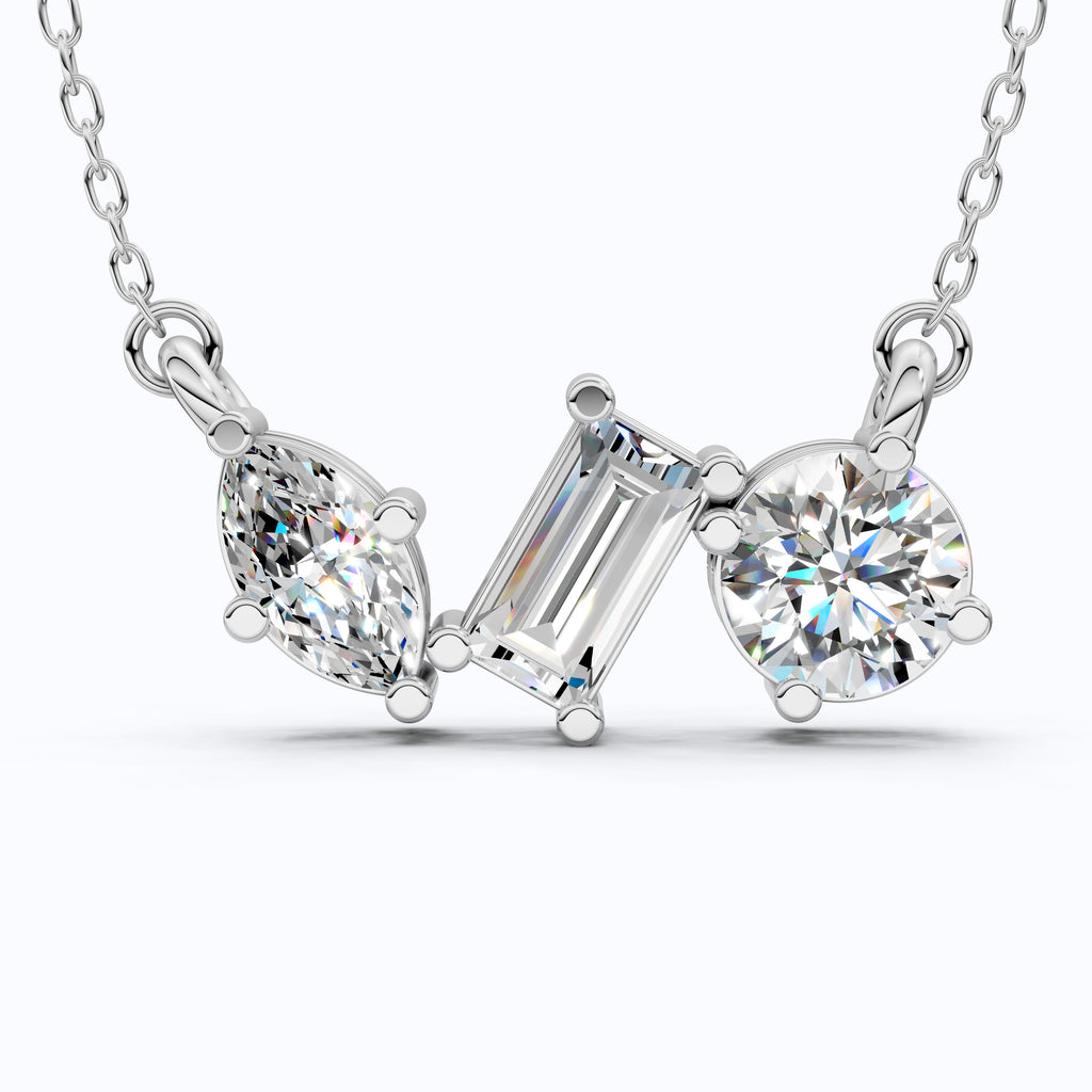Geometric Trio Stone Diamond Pendant Necklace in 14k Solid Gold, 3.46 TCW Multi Shaped Lab Grown Diamonds, Anniversary Gift, Bridal Jewelry, Wedding Gift for Wife