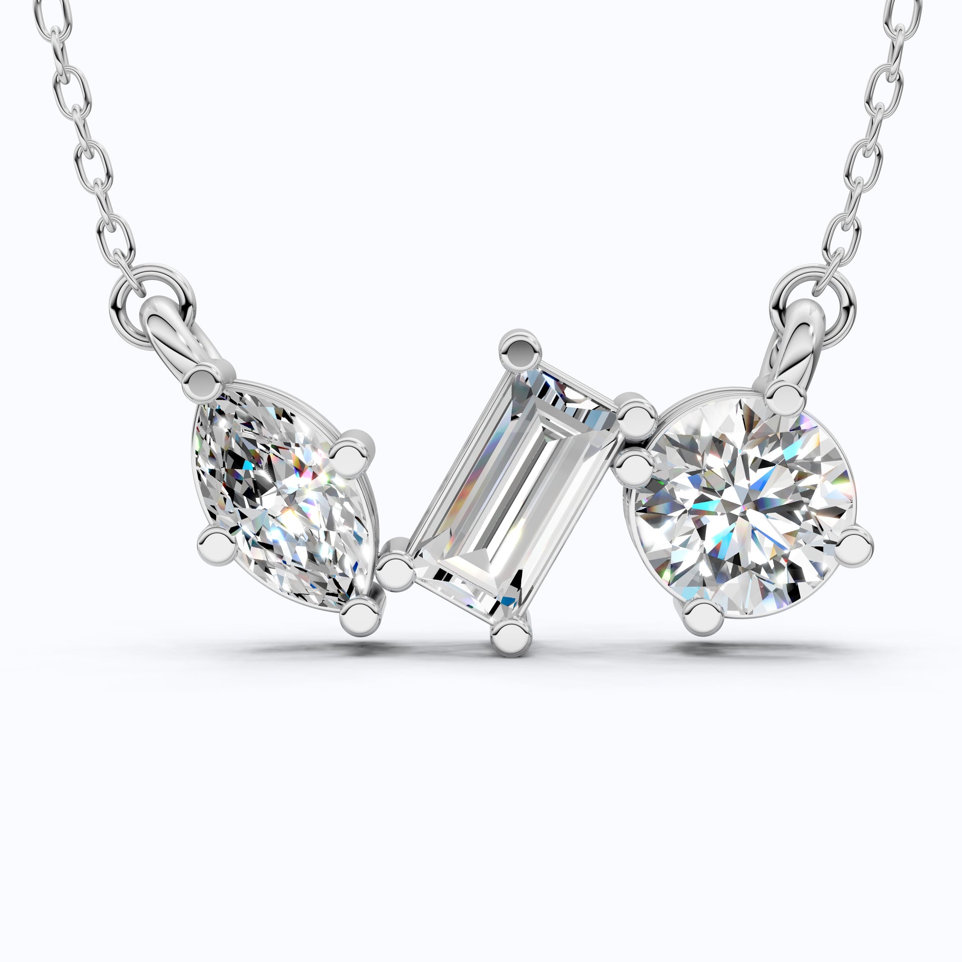 Geometric Trio Stone Diamond Pendant Necklace in 14k Solid Gold, 3.46 TCW Multi Shaped Lab Grown Diamonds, Anniversary Gift, Bridal Jewelry, Wedding Gift for Wife