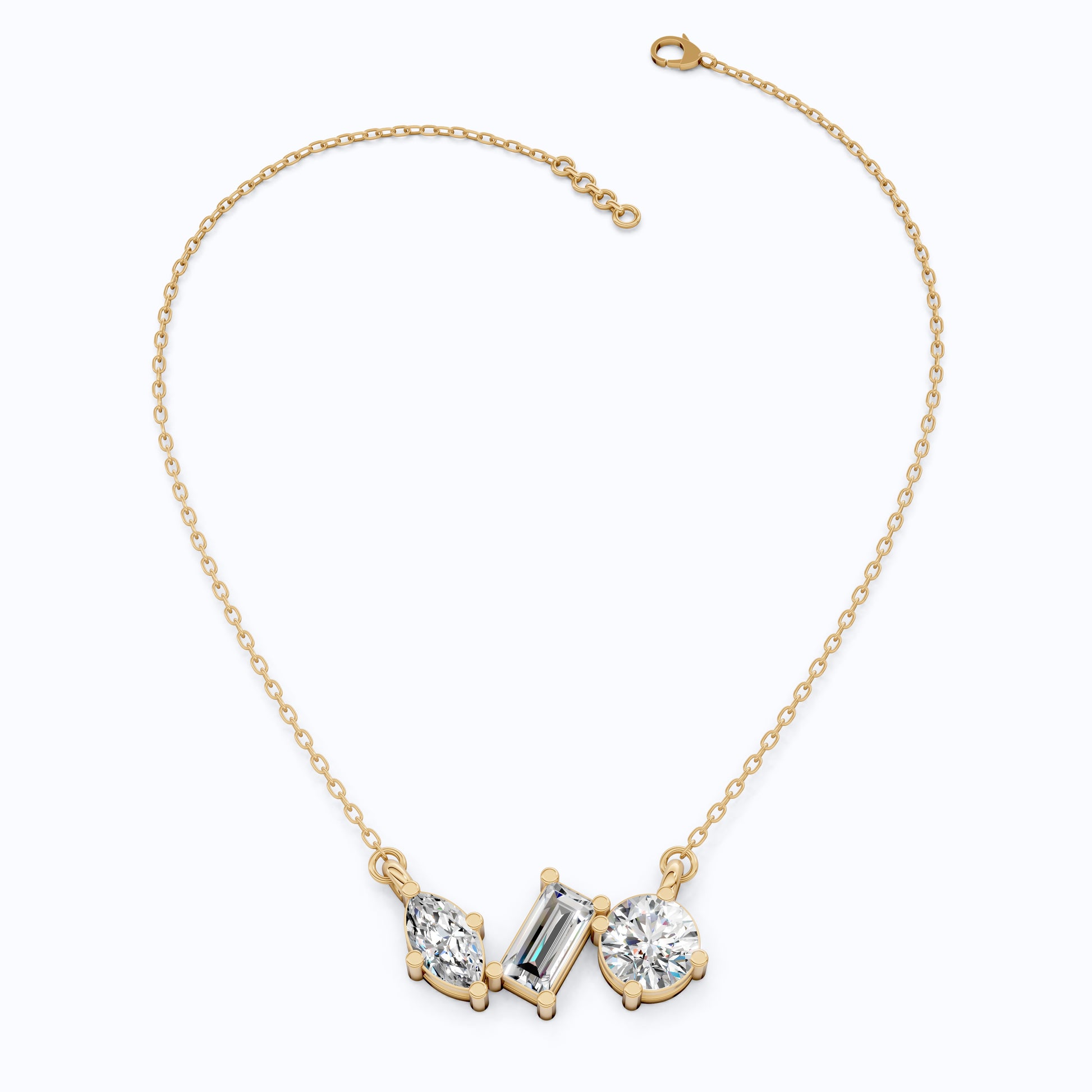 Geometric Trio Stone Diamond Pendant Necklace in 14k Solid Gold, 3.46 TCW Multi Shaped Lab Grown Diamonds, Anniversary Gift, Bridal Jewelry, Wedding Gift for Wife