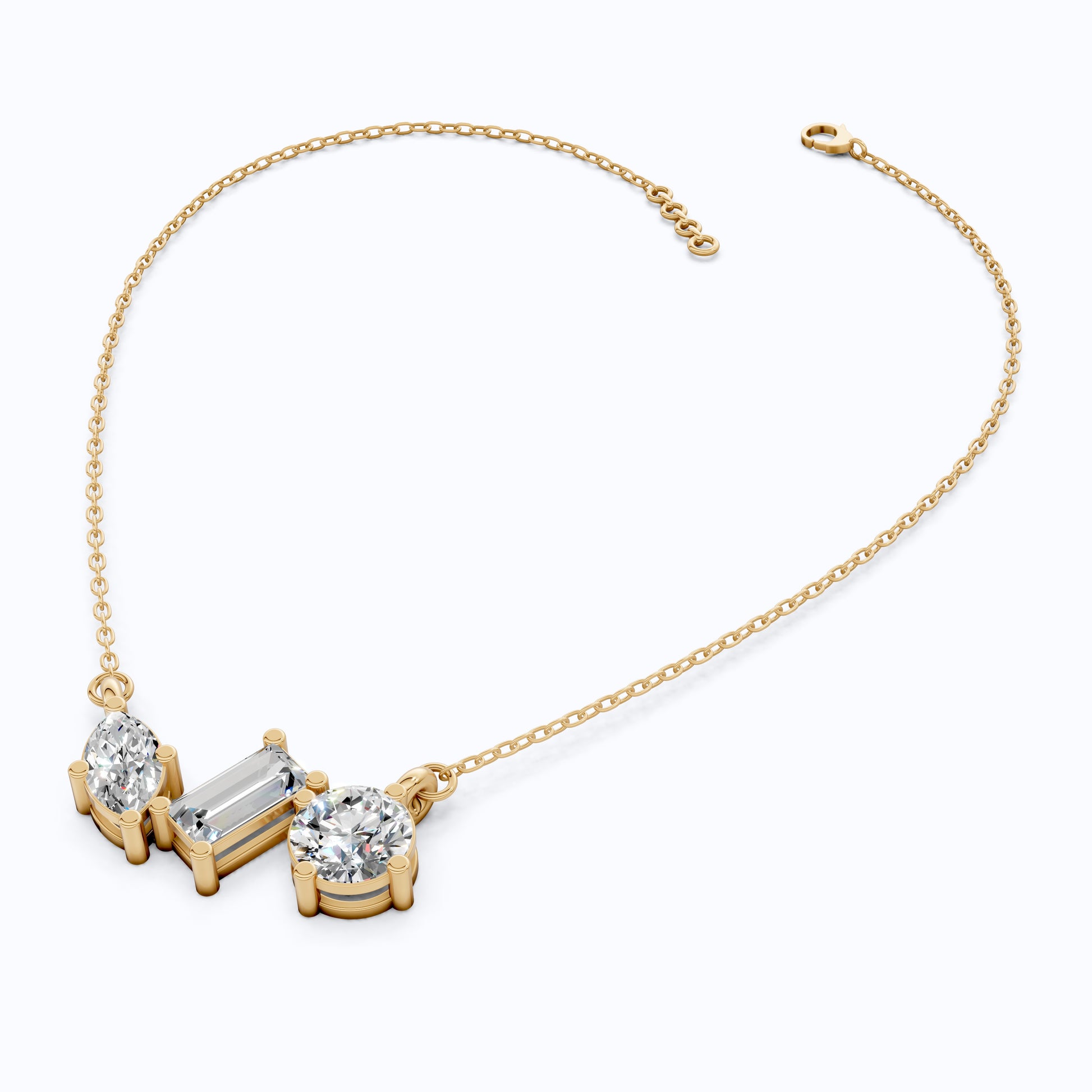 Geometric Trio Stone Diamond Pendant Necklace in 14k Solid Gold, 3.46 TCW Multi Shaped Lab Grown Diamonds, Anniversary Gift, Bridal Jewelry, Wedding Gift for Wife