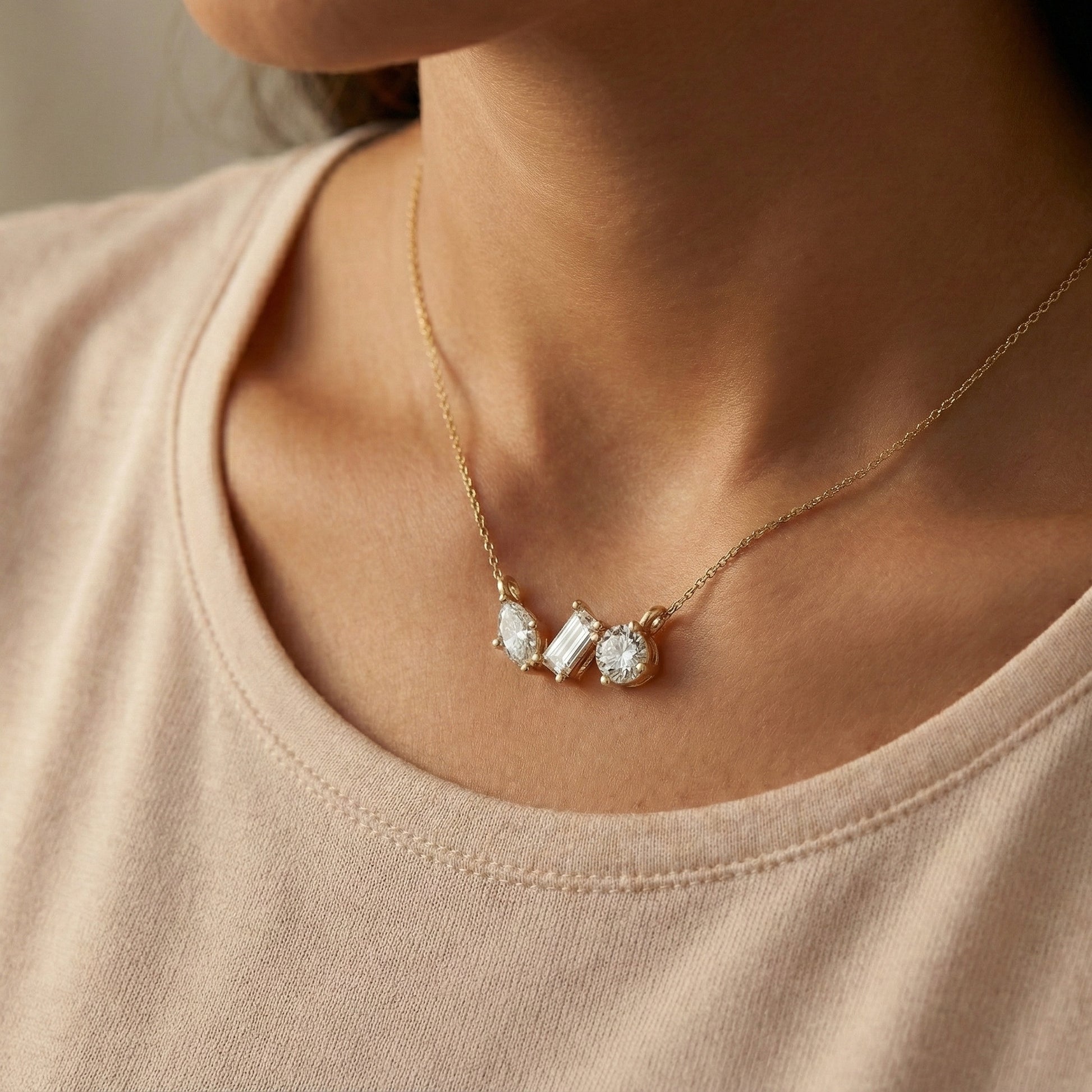 Geometric Trio Stone Diamond Pendant Necklace in 14k Solid Gold, 3.46 TCW Multi Shaped Lab Grown Diamonds, Anniversary Gift, Bridal Jewelry, Wedding Gift for Wife