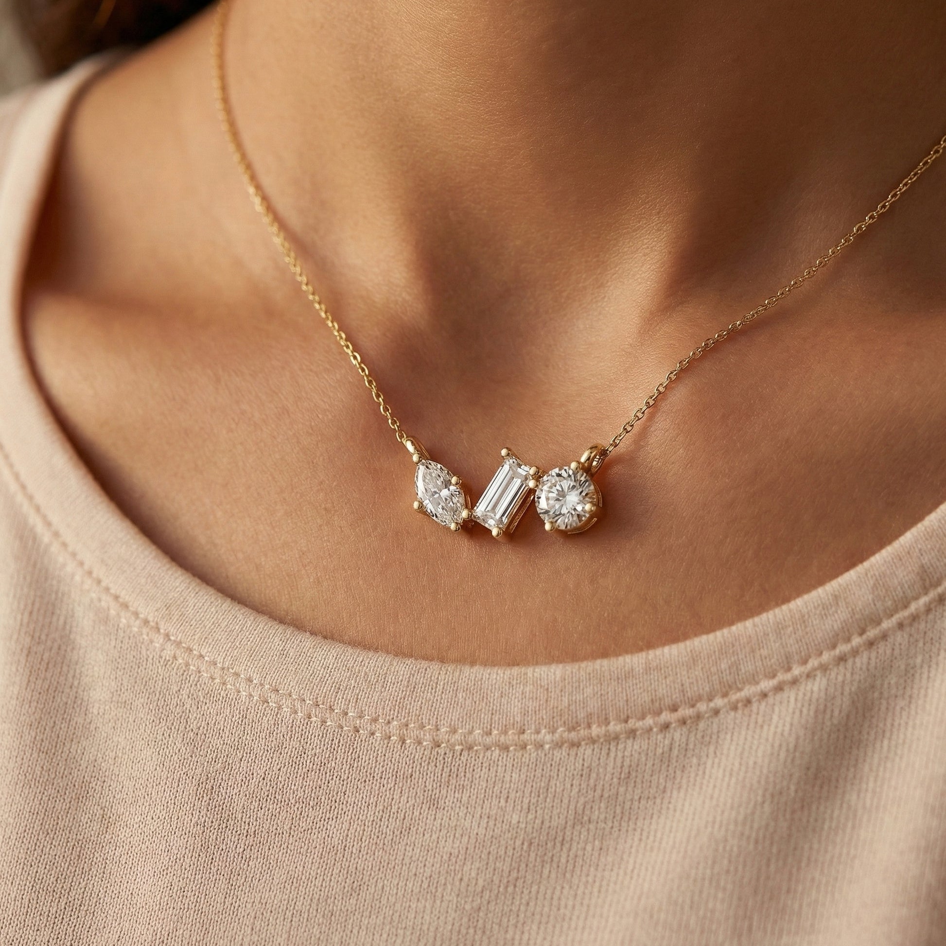 Geometric Trio Stone Diamond Pendant Necklace in 14k Solid Gold, 3.46 TCW Multi Shaped Lab Grown Diamonds, Anniversary Gift, Bridal Jewelry, Wedding Gift for Wife