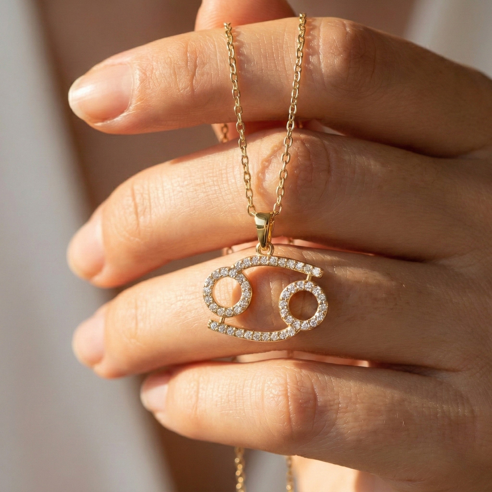 Simple Cancer Zodiac Pavé Glyph Charm Pendant in Lab Diamond – Solid 9k/14k Gold, Birthday Gift for Her/Him