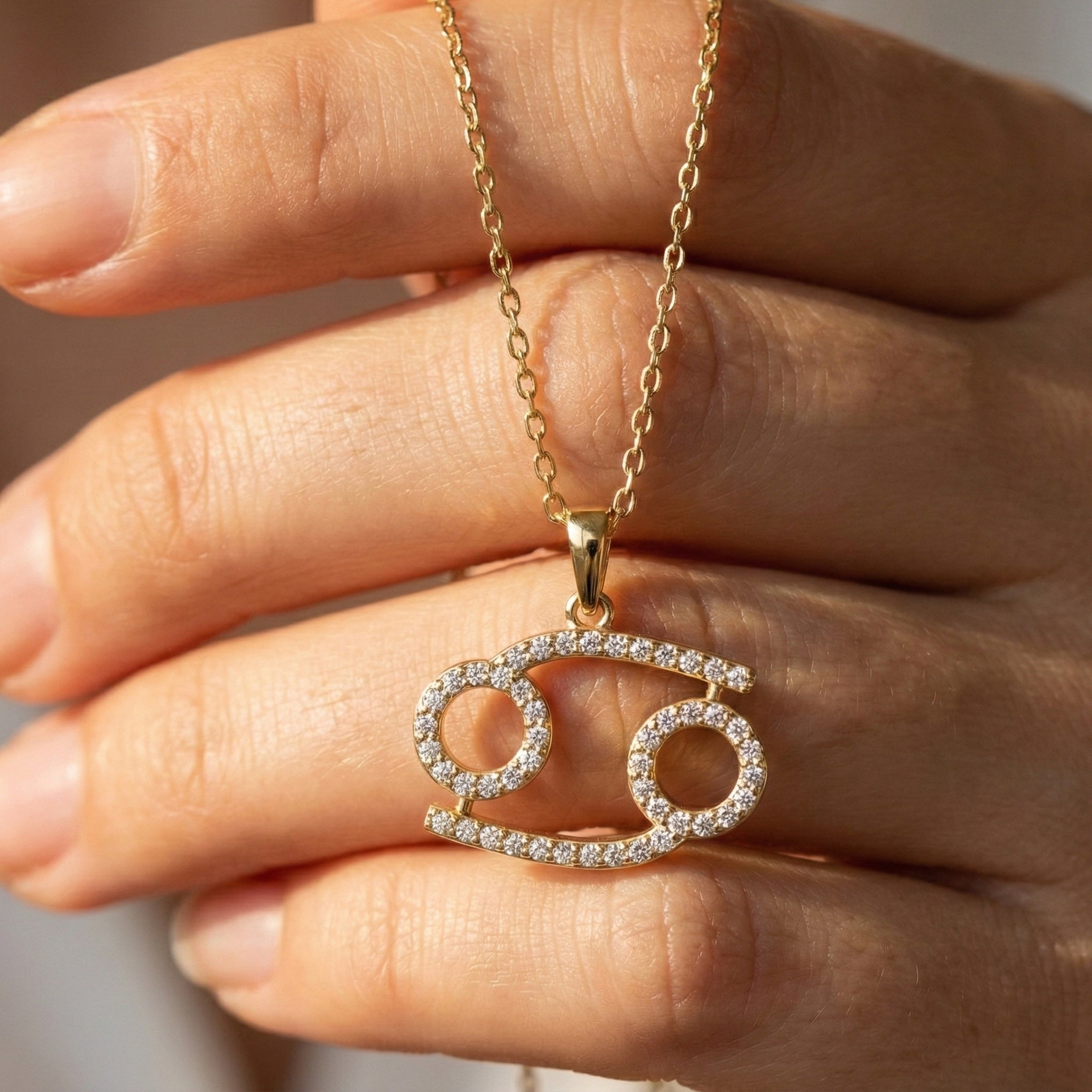 Simple Cancer Zodiac Pavé Glyph Charm Pendant in Lab Diamond – Solid 9k/14k Gold, Birthday Gift for Her/Him