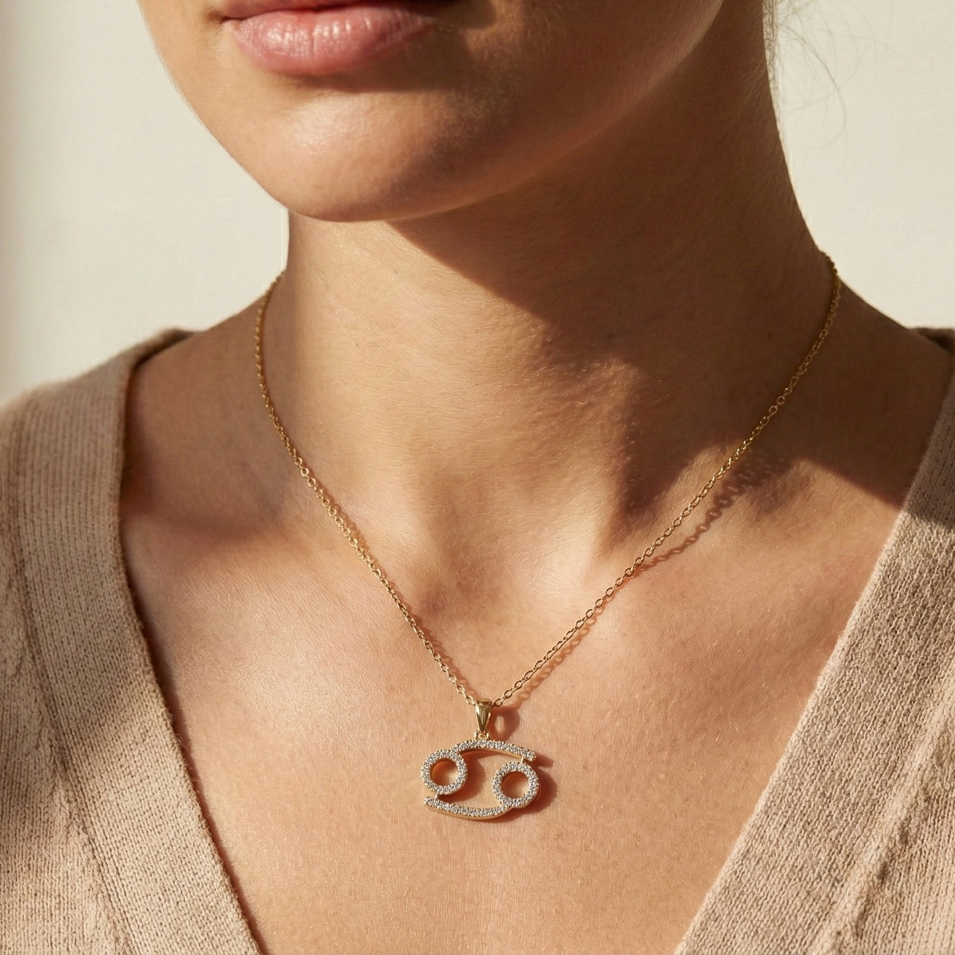 Simple Cancer Zodiac Pavé Glyph Charm Pendant in Lab Diamond – Solid 9k/14k Gold, Birthday Gift for Her/Him