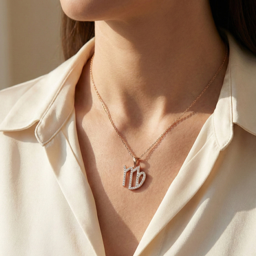 Virgo Zodiac Pavé Symbol Script Charm Pendant in Lab Grown Diamond – 14k Solid Gold, Astrology Gift for Her/Him, Everyday Jewelry