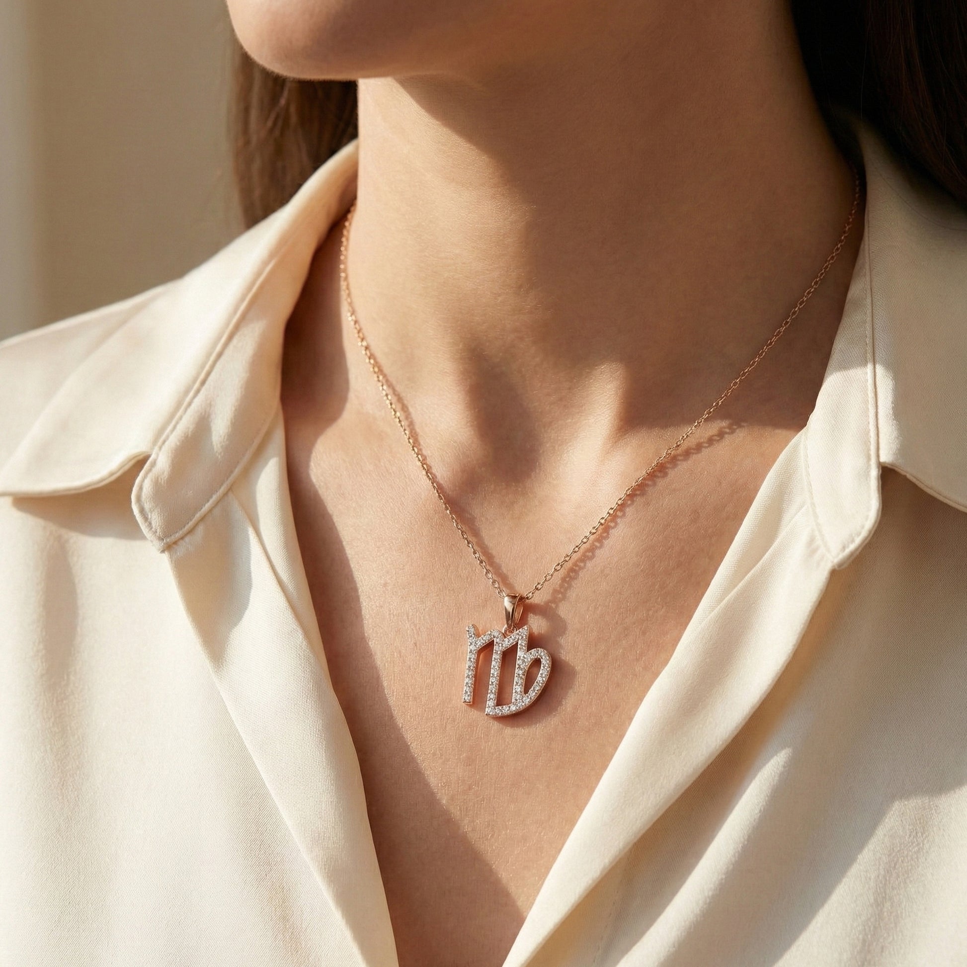 Virgo Zodiac Pavé Symbol Script Charm Pendant in Lab Grown Diamond – 14k Solid Gold, Astrology Gift for Her/Him, Everyday Jewelry