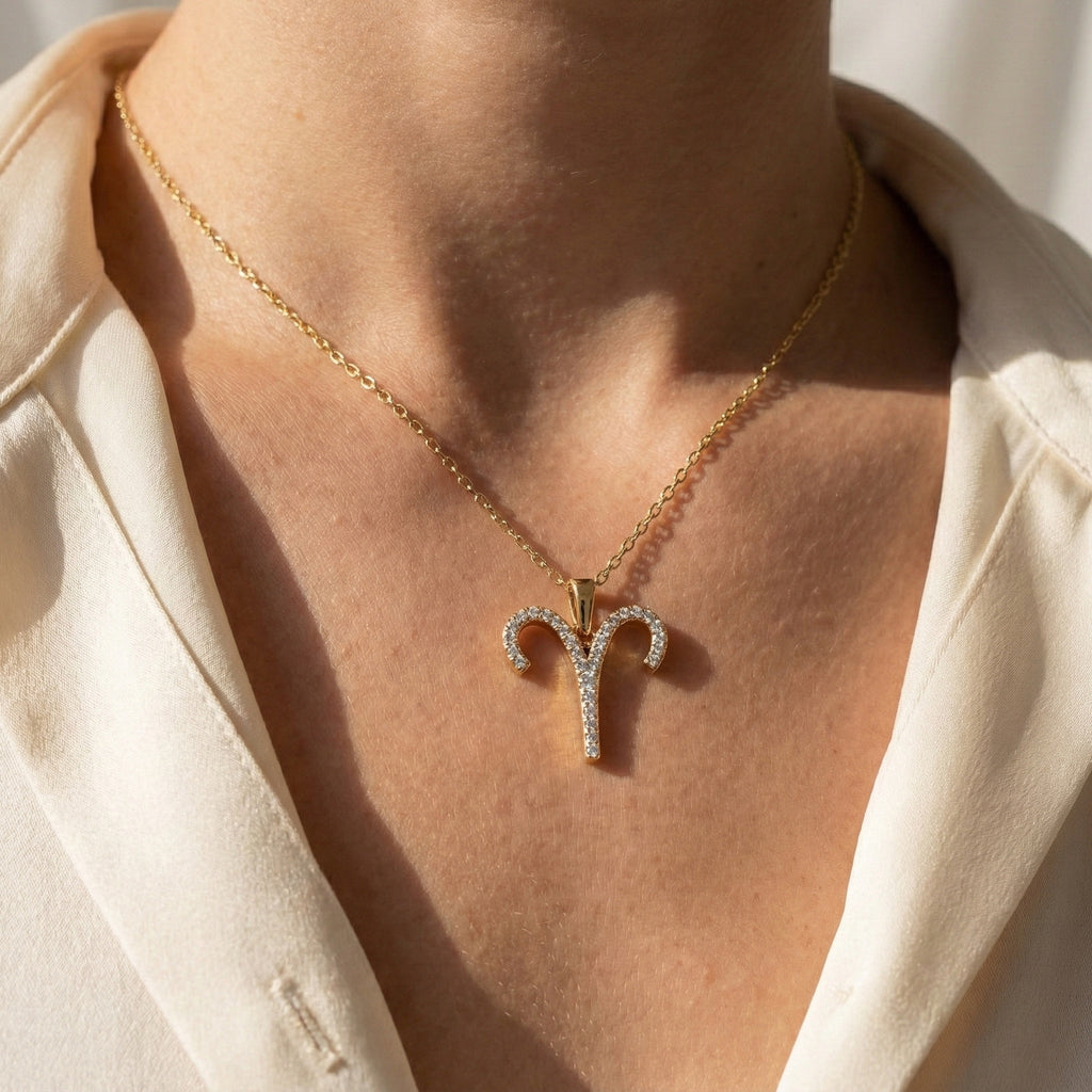 Aries Zodiac Ram Horn Pavé Diamond Pendant in Lab Diamond – 9K Solid Gold, Horoscope Symbol Pendant, Birthday Gift for Her/Him