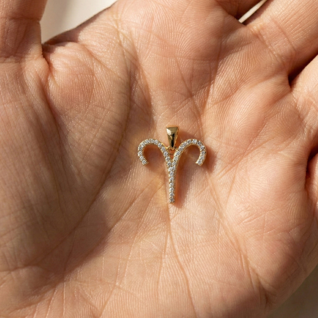 Aries Zodiac Ram Horn Pavé Diamond Pendant in Lab Diamond – 9K Solid Gold, Horoscope Symbol Pendant, Birthday Gift for Her/Him