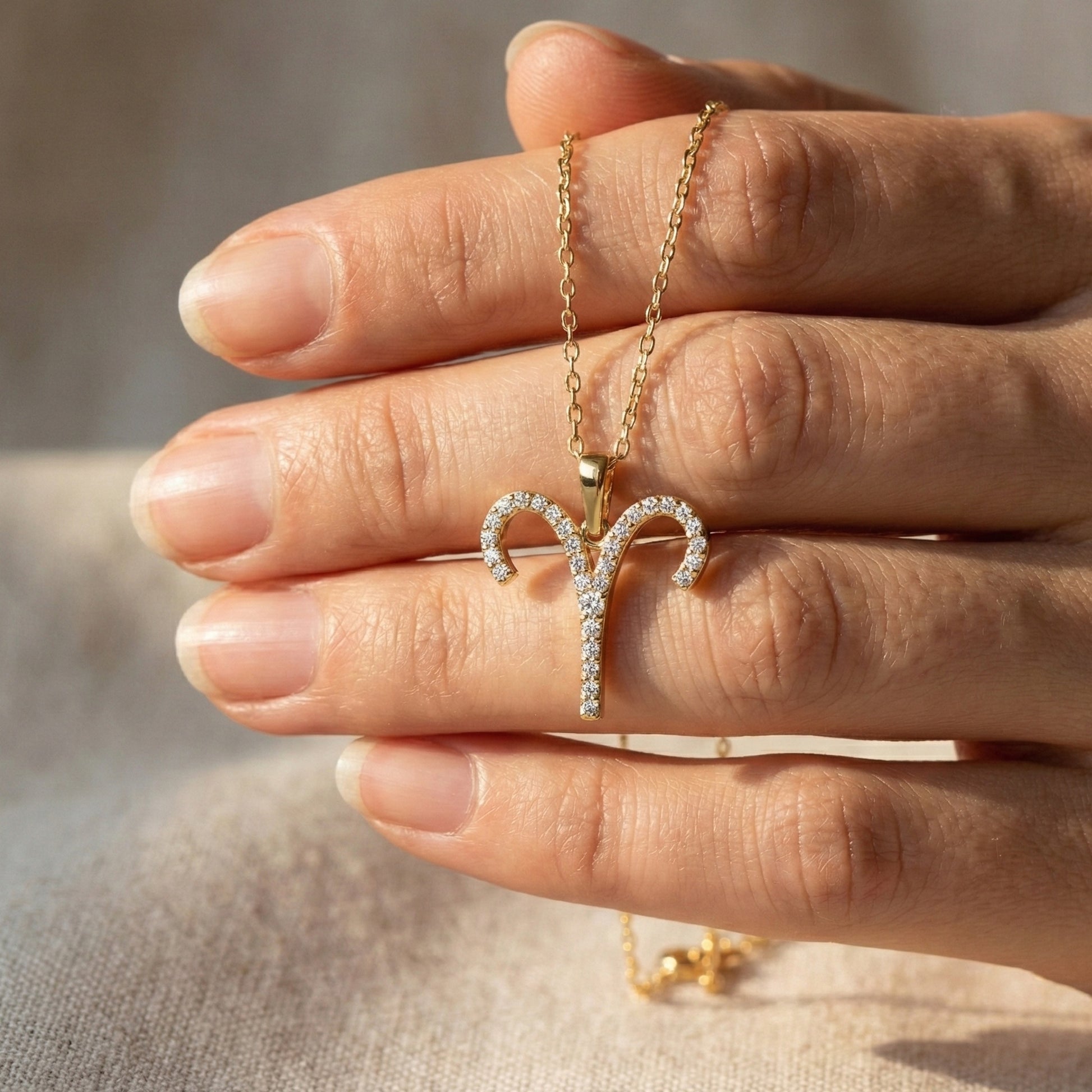 Aries Zodiac Ram Horn Pavé Diamond Pendant in Lab Diamond – 9K Solid Gold, Horoscope Symbol Pendant, Birthday Gift for Her/Him