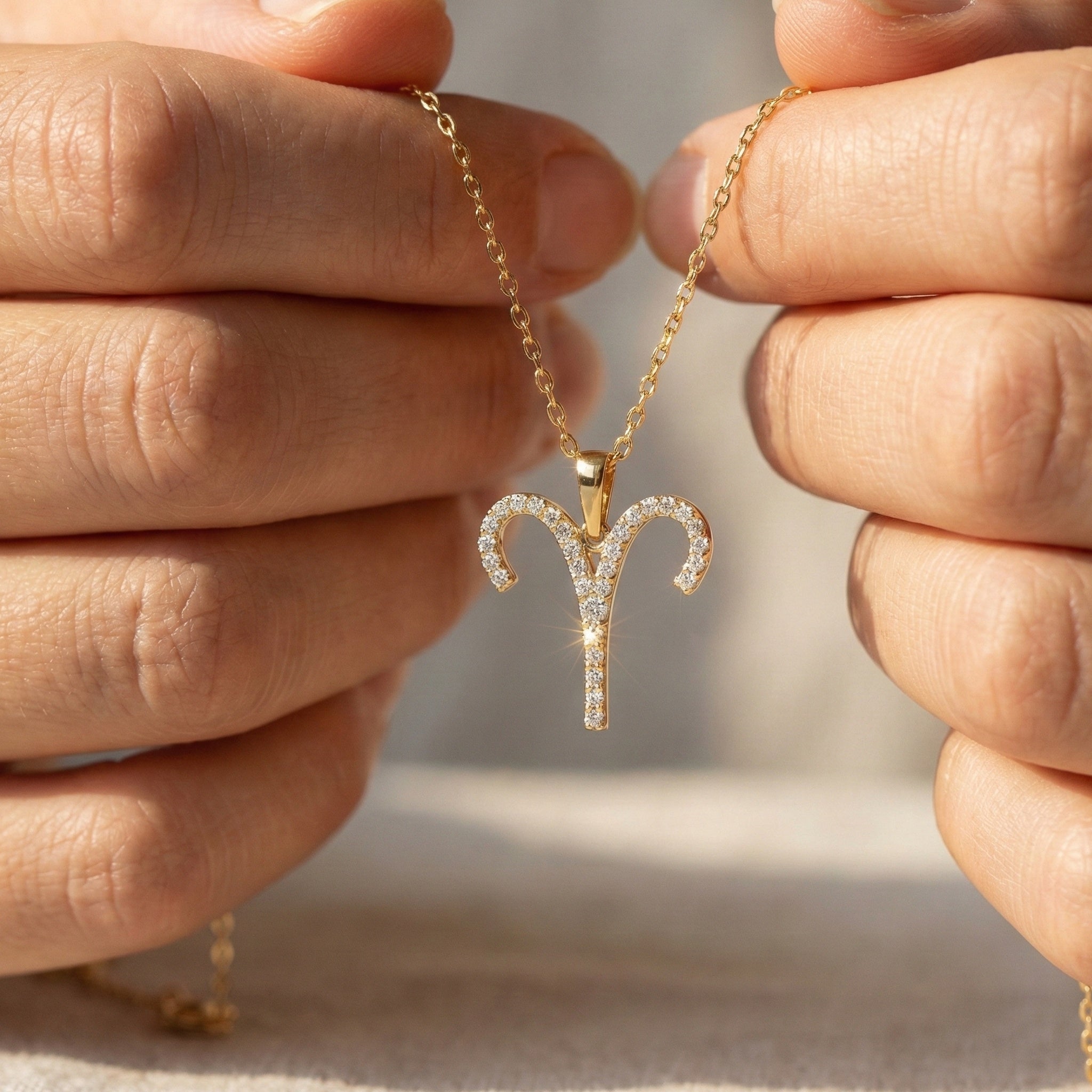 Aries Zodiac Ram Horn Pavé Diamond Pendant in Lab Diamond – 9K Solid Gold, Horoscope Symbol Pendant, Birthday Gift for Her/Him