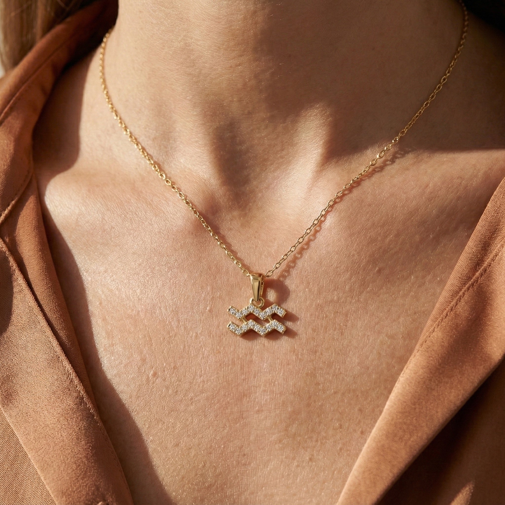 Astrology Aquarius Zodiac Sign Pendant in 14K Solid Gold, Horoscope Gift Jewelry, Wedding Pendant for Her