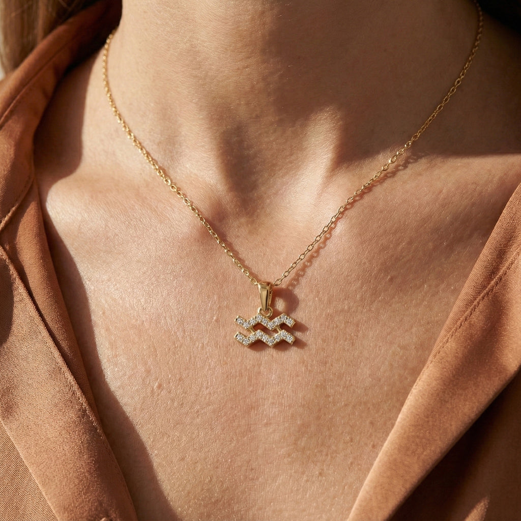 Astrology Aquarius Zodiac Sign Pendant in 14K Solid Gold, Horoscope Gift Jewelry, Wedding Pendant for Her