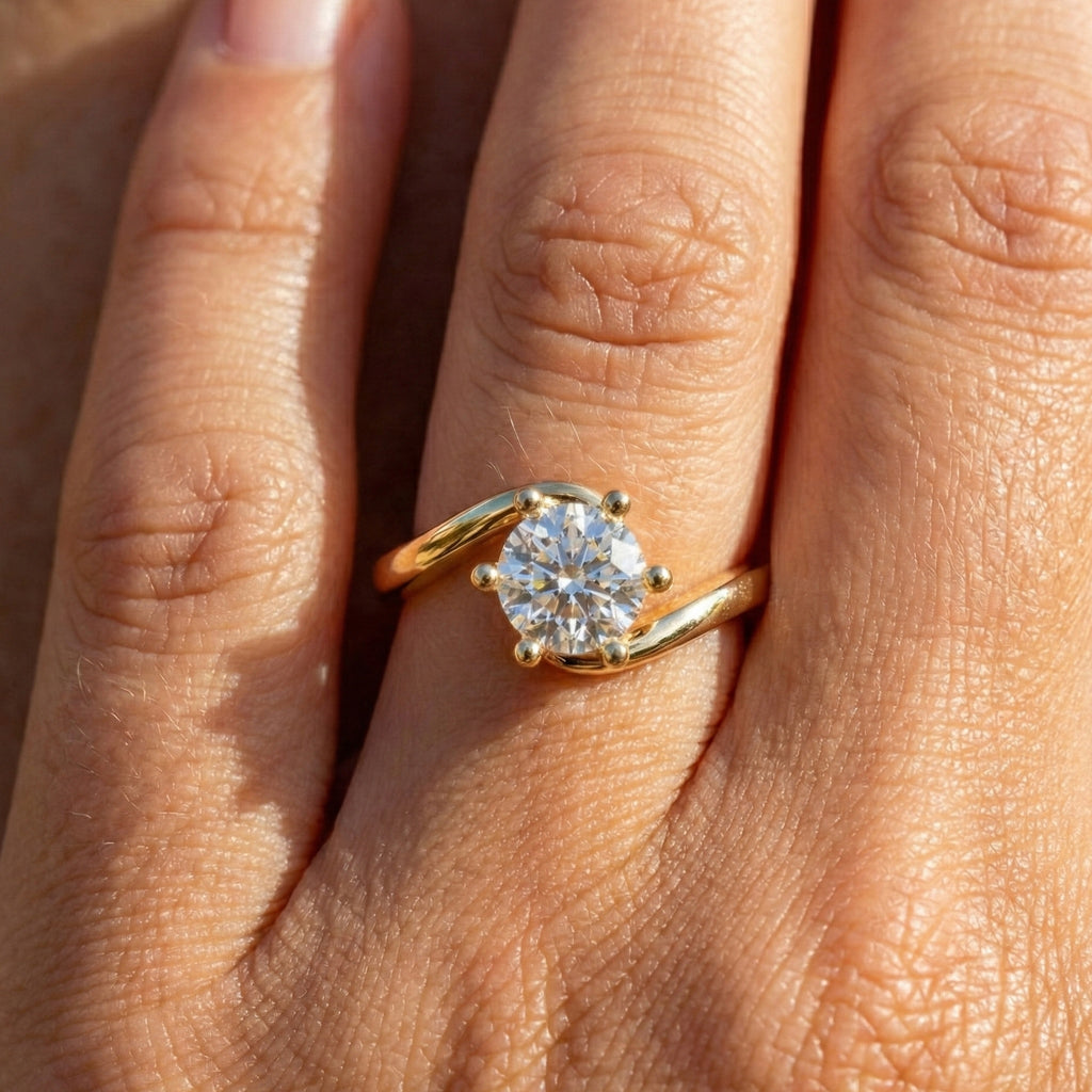 Bypass Solitaire Engagement Ring in Solid 14k Gold, 0.50 CT Round Cut Lab Created Diamond, Handmade Wedding Gift for Wife