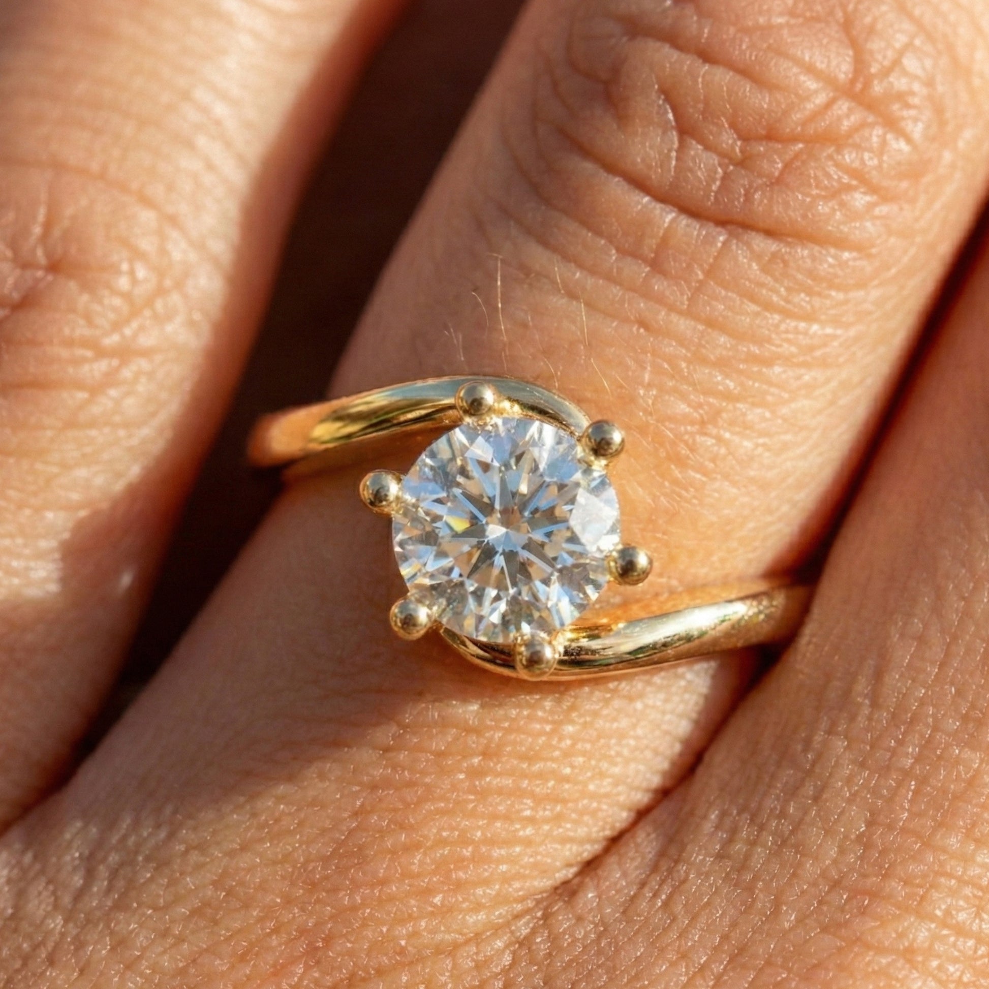 Bypass Solitaire Engagement Ring in Solid 14k Gold, 0.50 CT Round Cut Lab Created Diamond, Handmade Wedding Gift for Wife