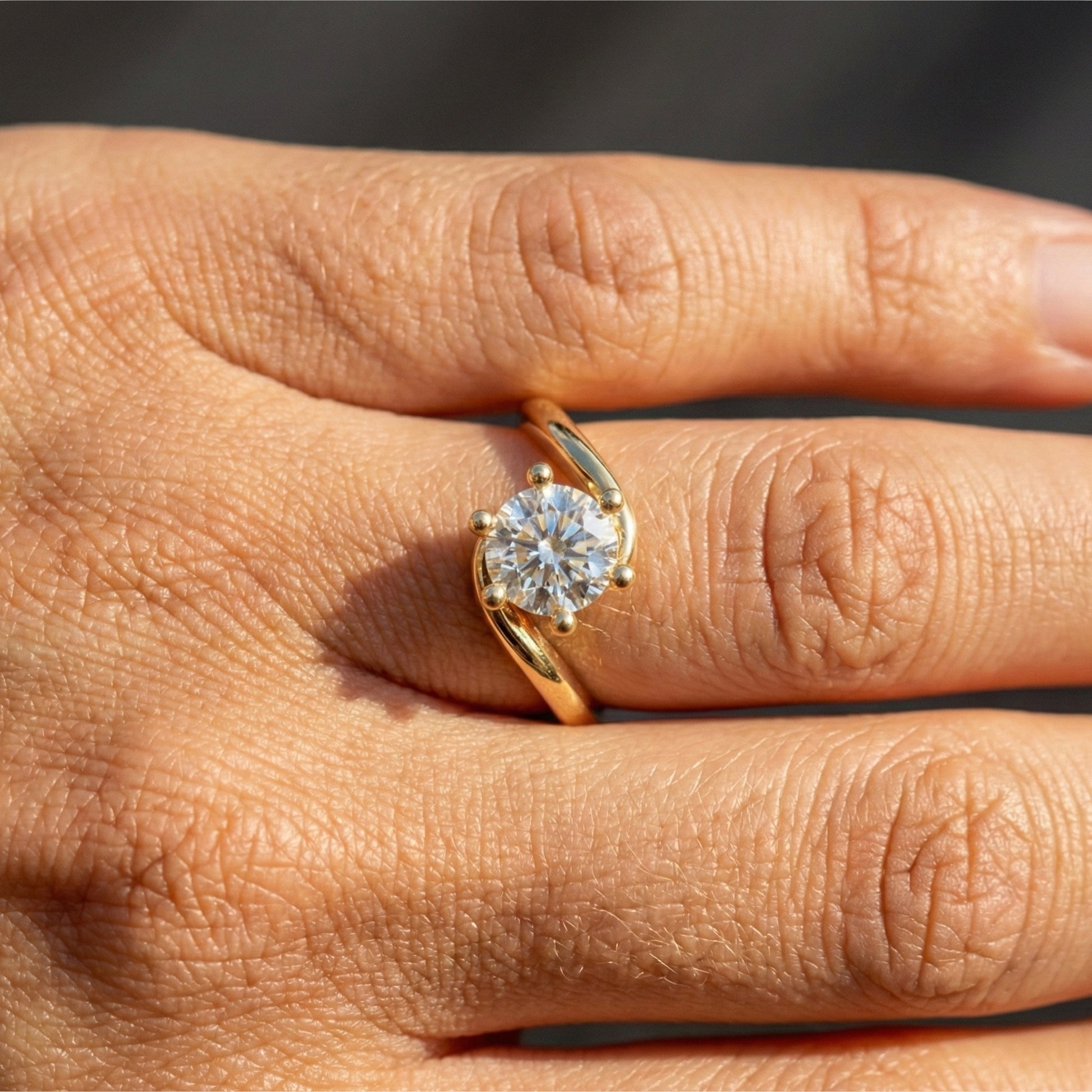 Bypass Solitaire Engagement Ring in Solid 14k Gold, 0.50 CT Round Cut Lab Created Diamond, Handmade Wedding Gift for Wife