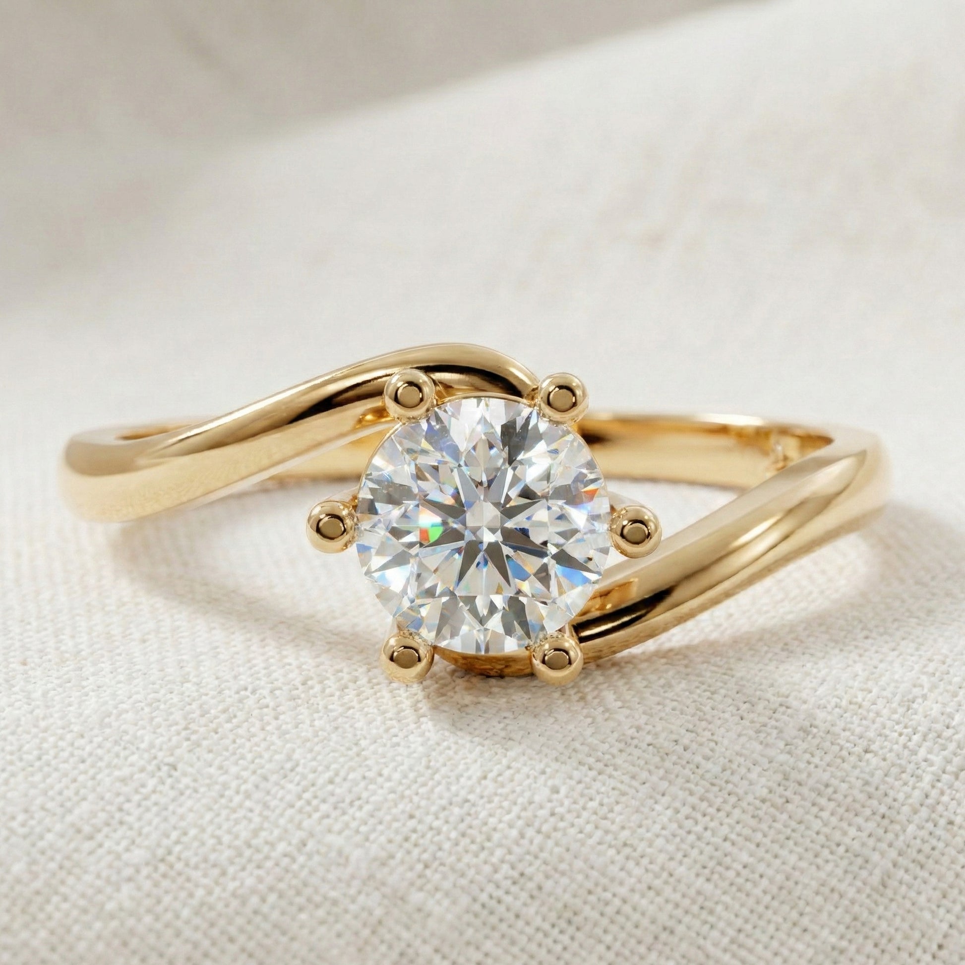 Bypass Solitaire Engagement Ring in Solid 14k Gold, 0.50 CT Round Cut Lab Created Diamond, Handmade Wedding Gift for Wife