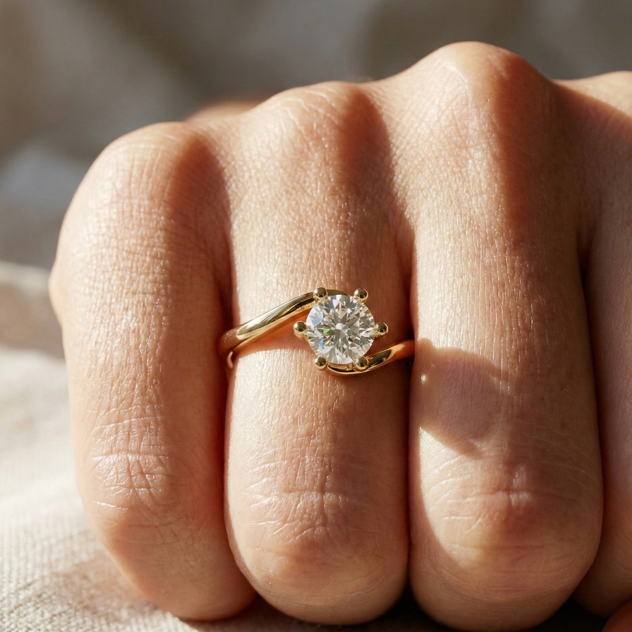 Bypass Solitaire Engagement Ring in Solid 14k Gold, 0.50 CT Round Cut Lab Created Diamond, Handmade Wedding Gift for Wife