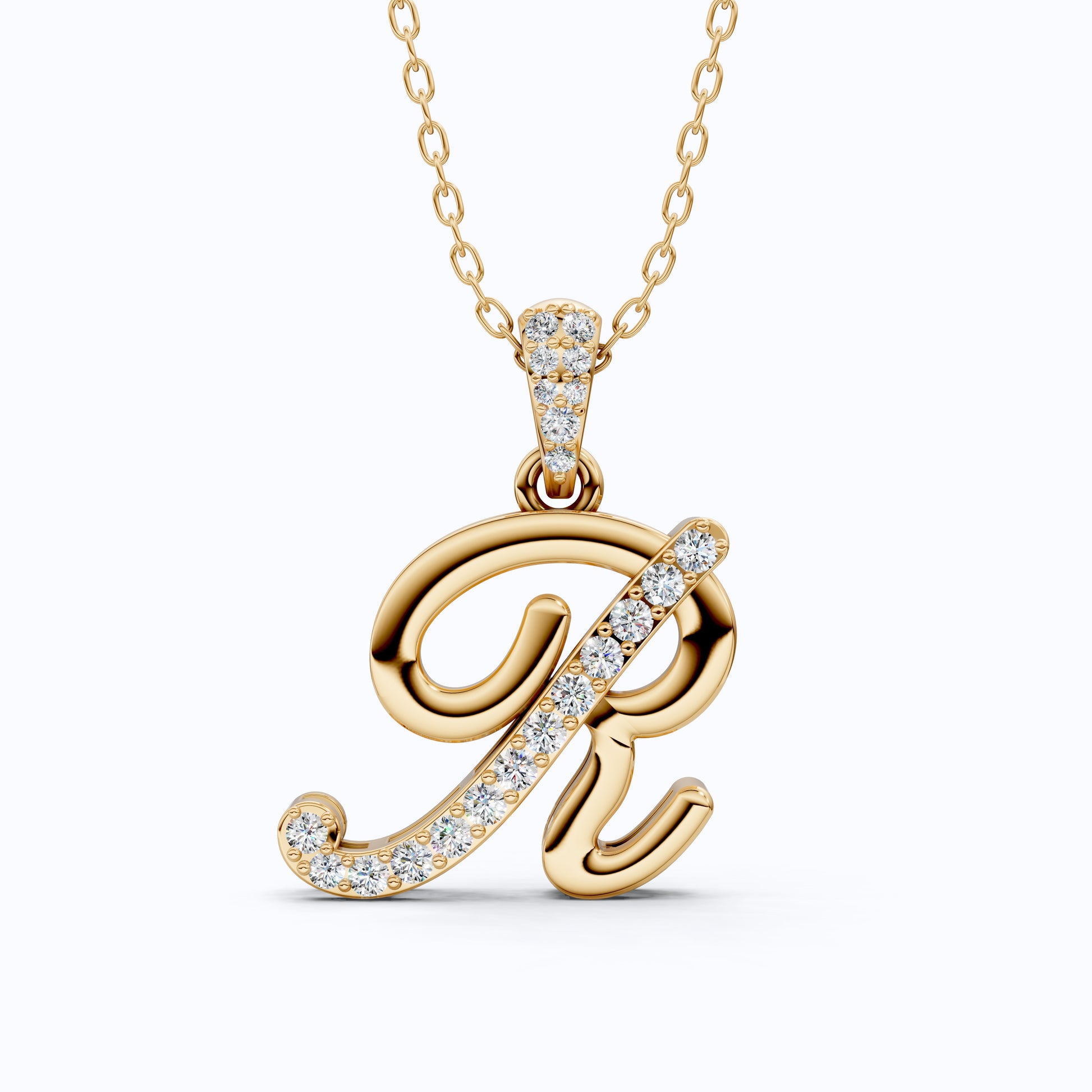 Cursive Script R Pavé Initial Pendant in Lab Grown Diamond - 14k Solid Gold, Birthday Gift For Him/Her, Handmade Everyday Jewelry