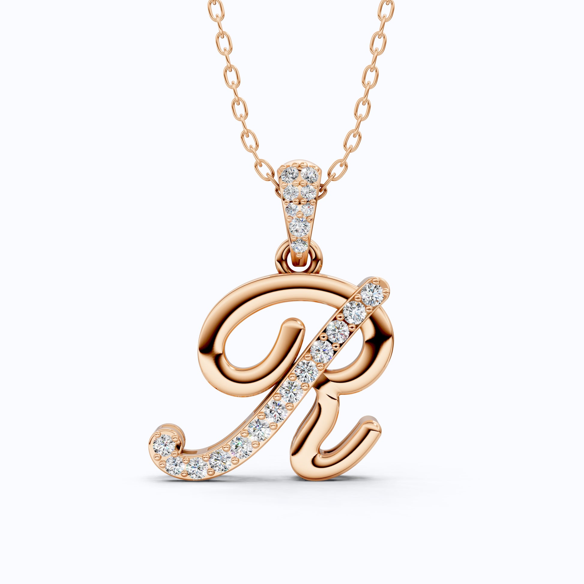 Cursive Script R Pavé Initial Pendant in Lab Grown Diamond - 14k Solid Gold, Birthday Gift For Him/Her, Handmade Everyday Jewelry