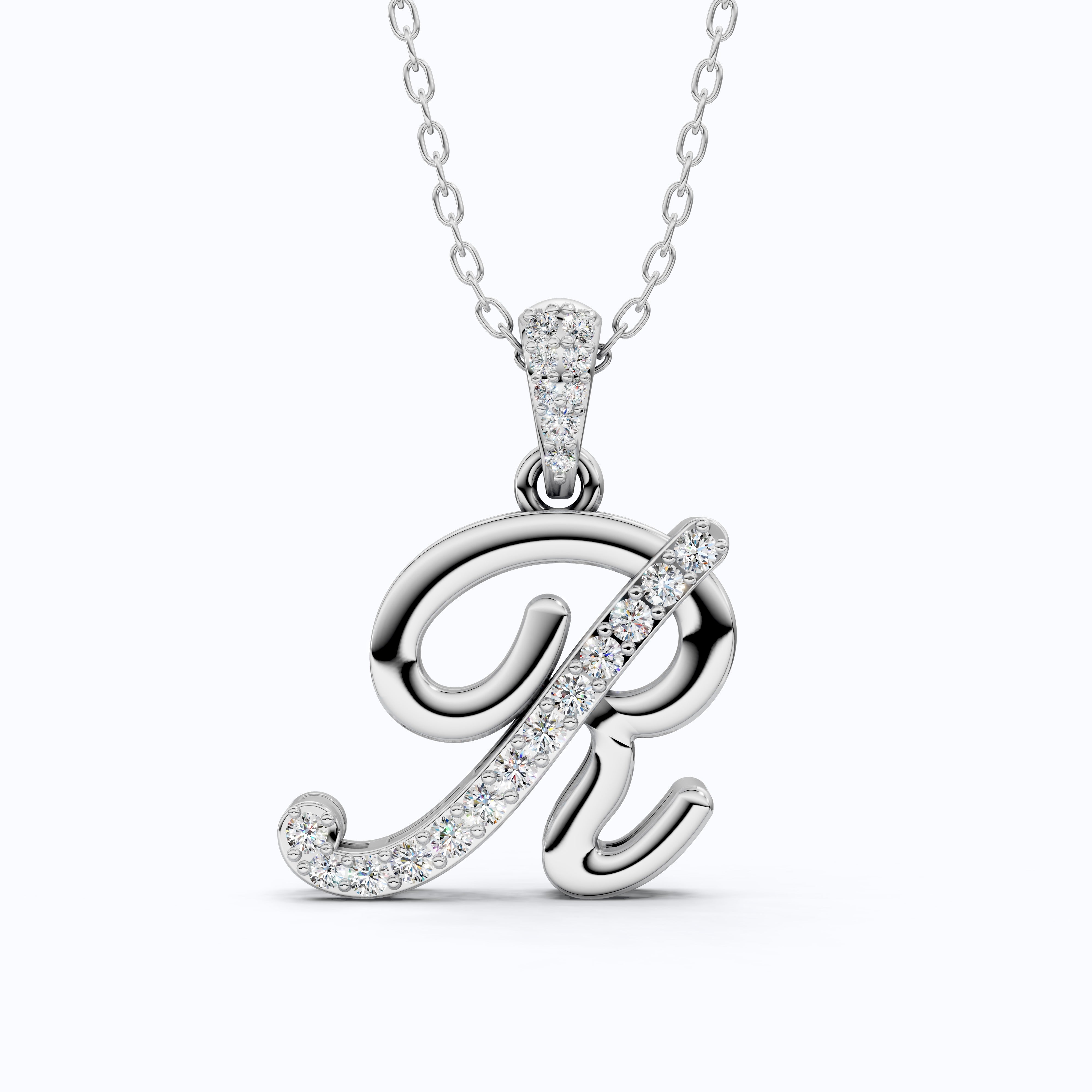 Cursive Script R Pavé Initial Pendant in Lab Grown Diamond - 14k Solid Gold, Birthday Gift For Him/Her, Handmade Everyday Jewelry