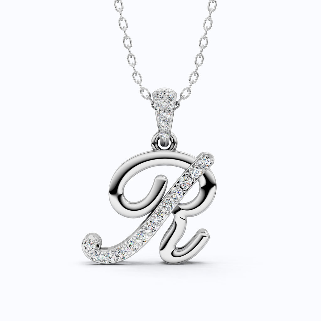 Cursive Script R Pavé Initial Pendant in Lab Grown Diamond - 14k Solid Gold, Birthday Gift For Him/Her, Handmade Everyday Jewelry
