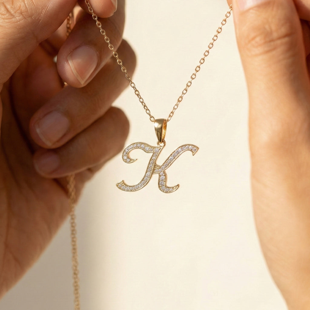 Personalized Pavé Cursive K Initial Pendant in Lab Grown Diamond-14k Solid Gold, Birthday Gift for Her/Him, Everyday Handmade Jewelry