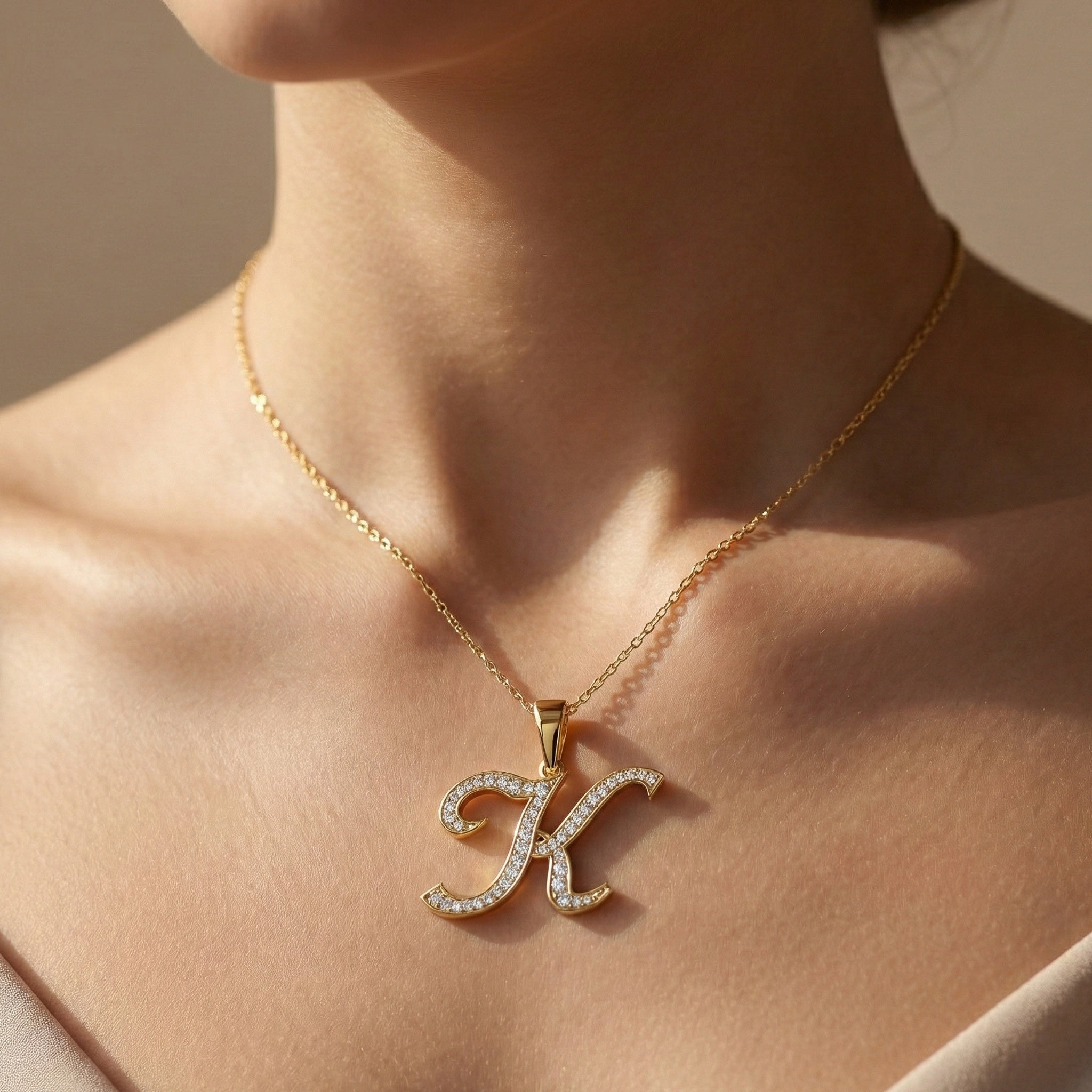 Personalized Pavé Cursive K Initial Pendant in Lab Grown Diamond-14k Solid Gold, Birthday Gift for Her/Him, Everyday Handmade Jewelry