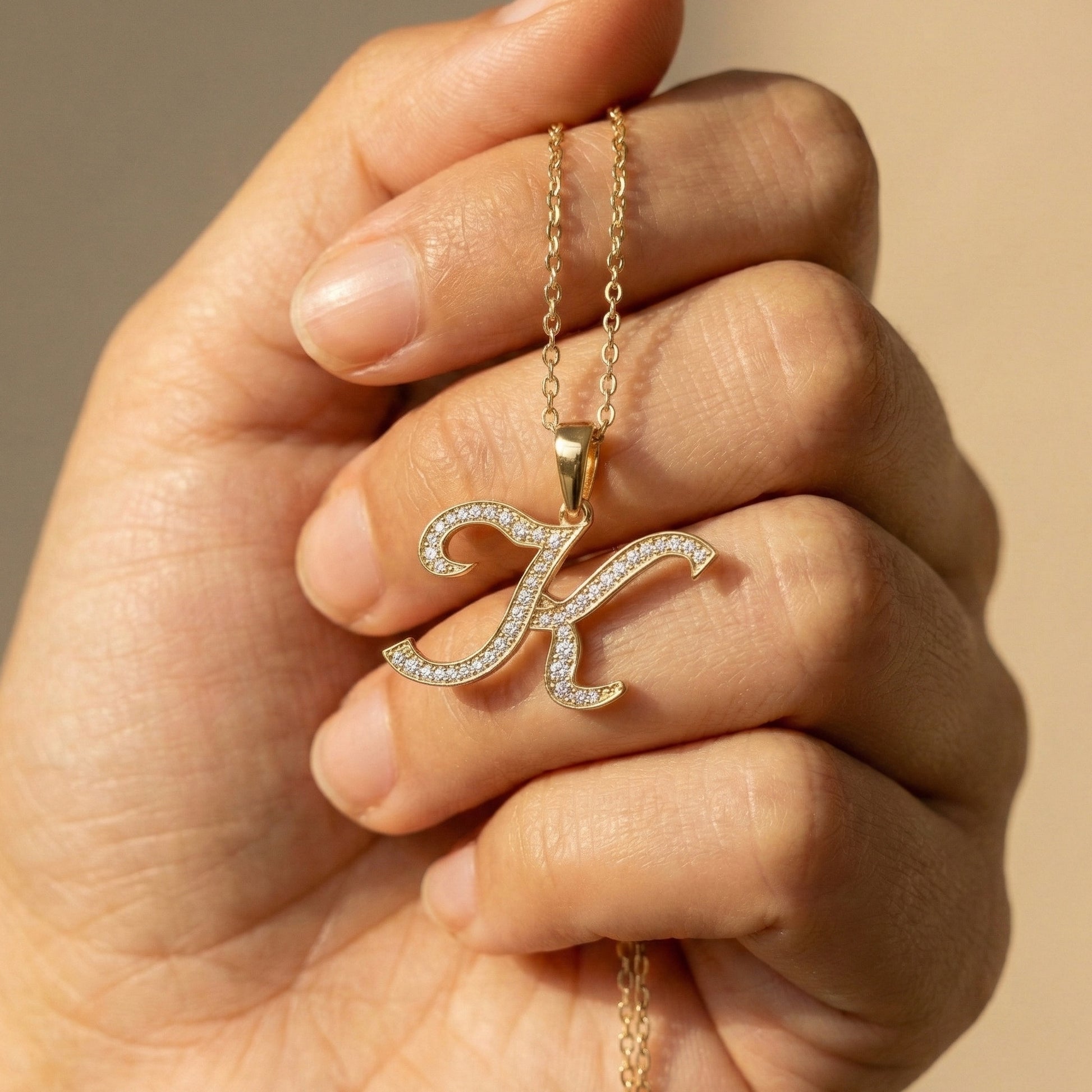 Personalized Pavé Cursive K Initial Pendant in Lab Grown Diamond-14k Solid Gold, Birthday Gift for Her/Him, Everyday Handmade Jewelry