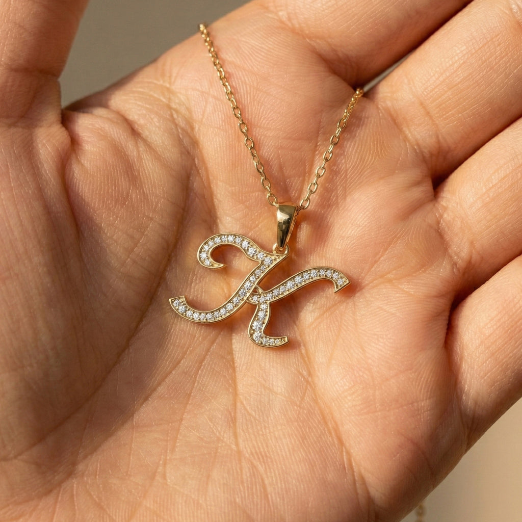 Personalized Pavé Cursive K Initial Pendant in Lab Grown Diamond-14k Solid Gold, Birthday Gift for Her/Him, Everyday Handmade Jewelry