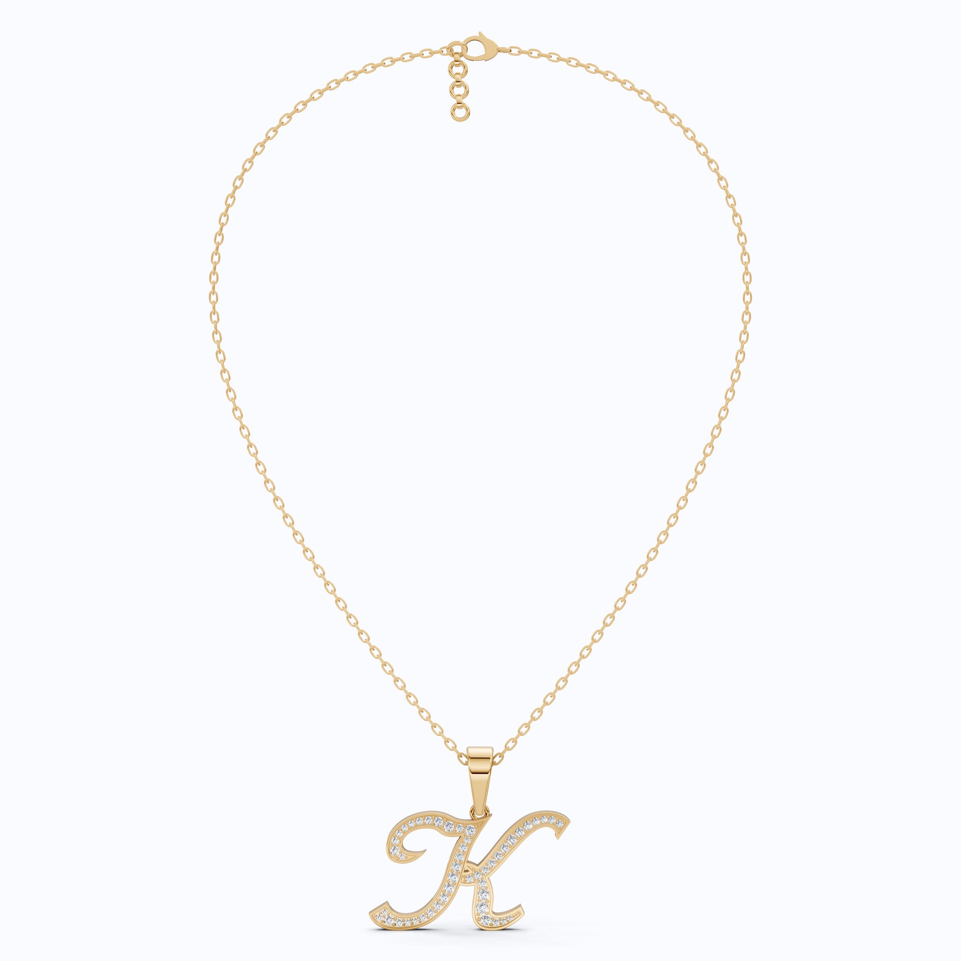 Personalized Pavé Cursive K Initial Pendant in Lab Grown Diamond-14k Solid Gold, Birthday Gift for Her/Him, Everyday Handmade Jewelry