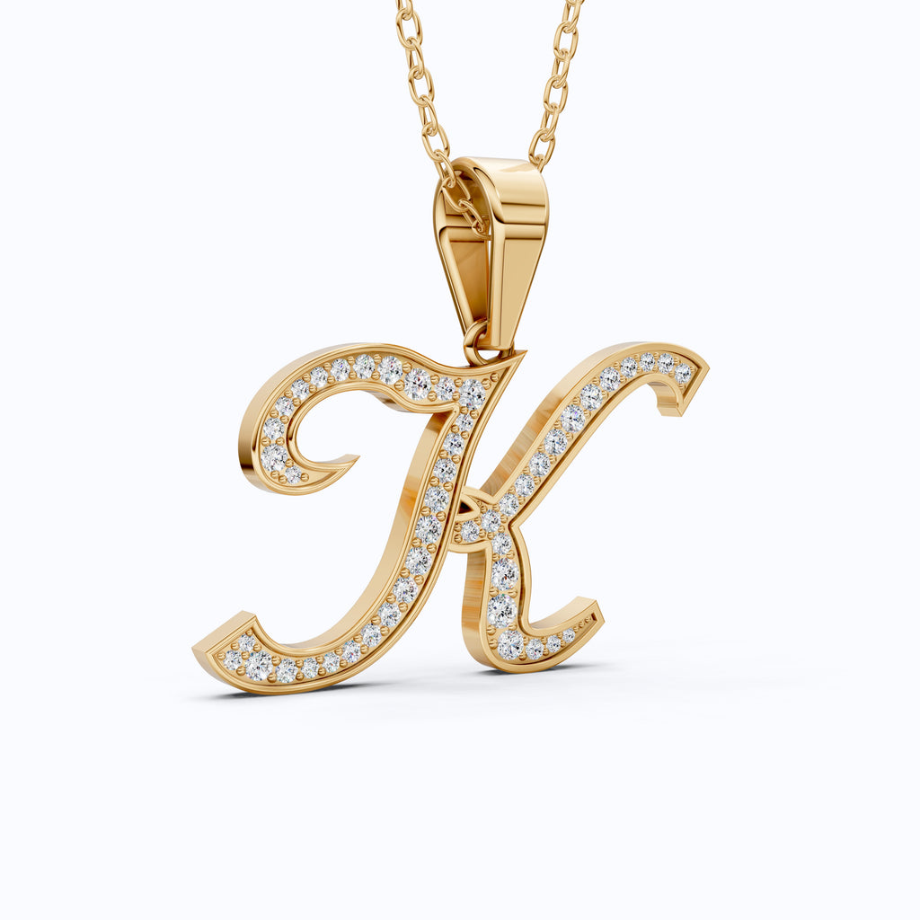 Personalized Pavé Cursive K Initial Pendant in Lab Grown Diamond-14k Solid Gold, Birthday Gift for Her/Him, Everyday Handmade Jewelry