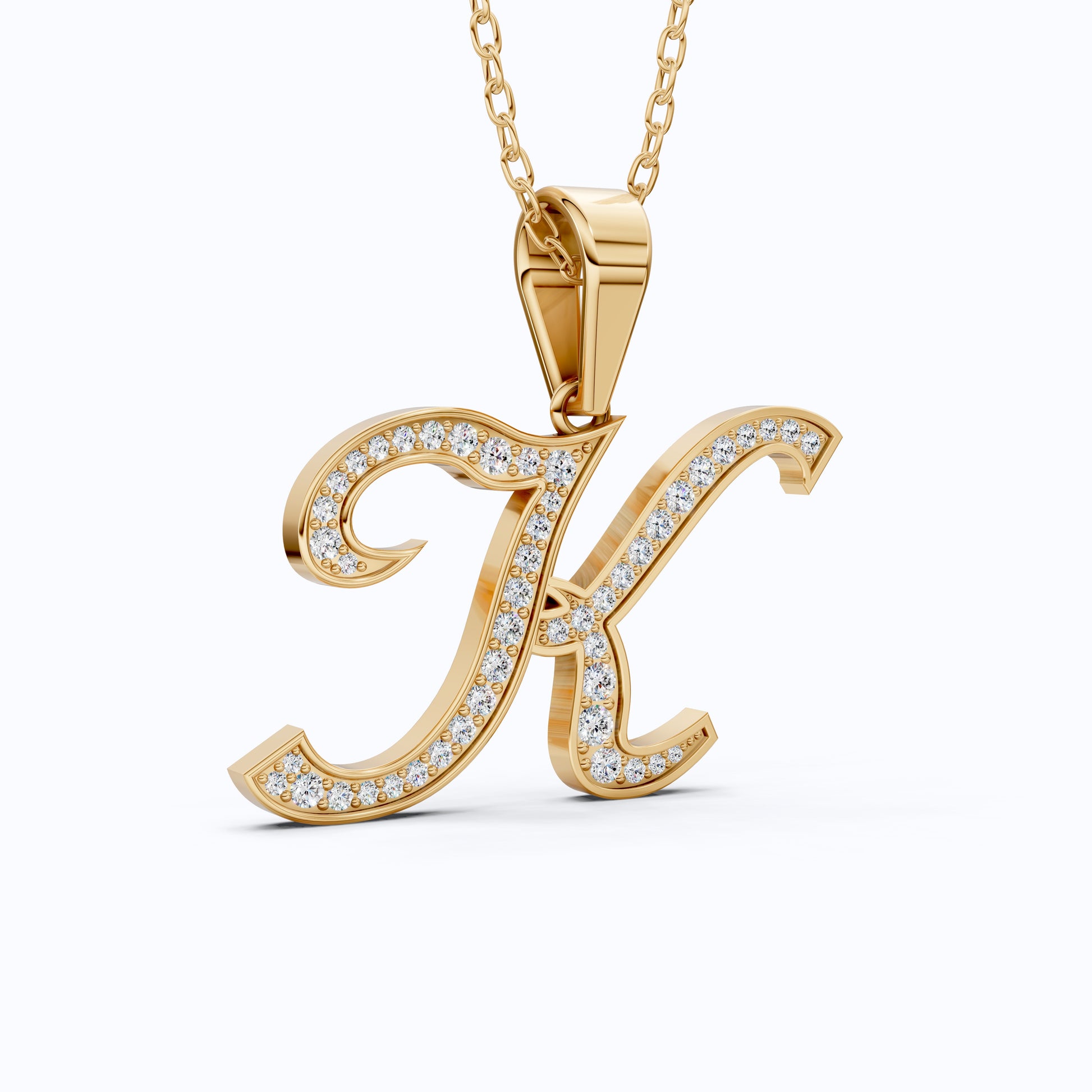 Personalized Pavé Cursive K Initial Pendant in Lab Grown Diamond-14k Solid Gold, Birthday Gift for Her/Him, Everyday Handmade Jewelry
