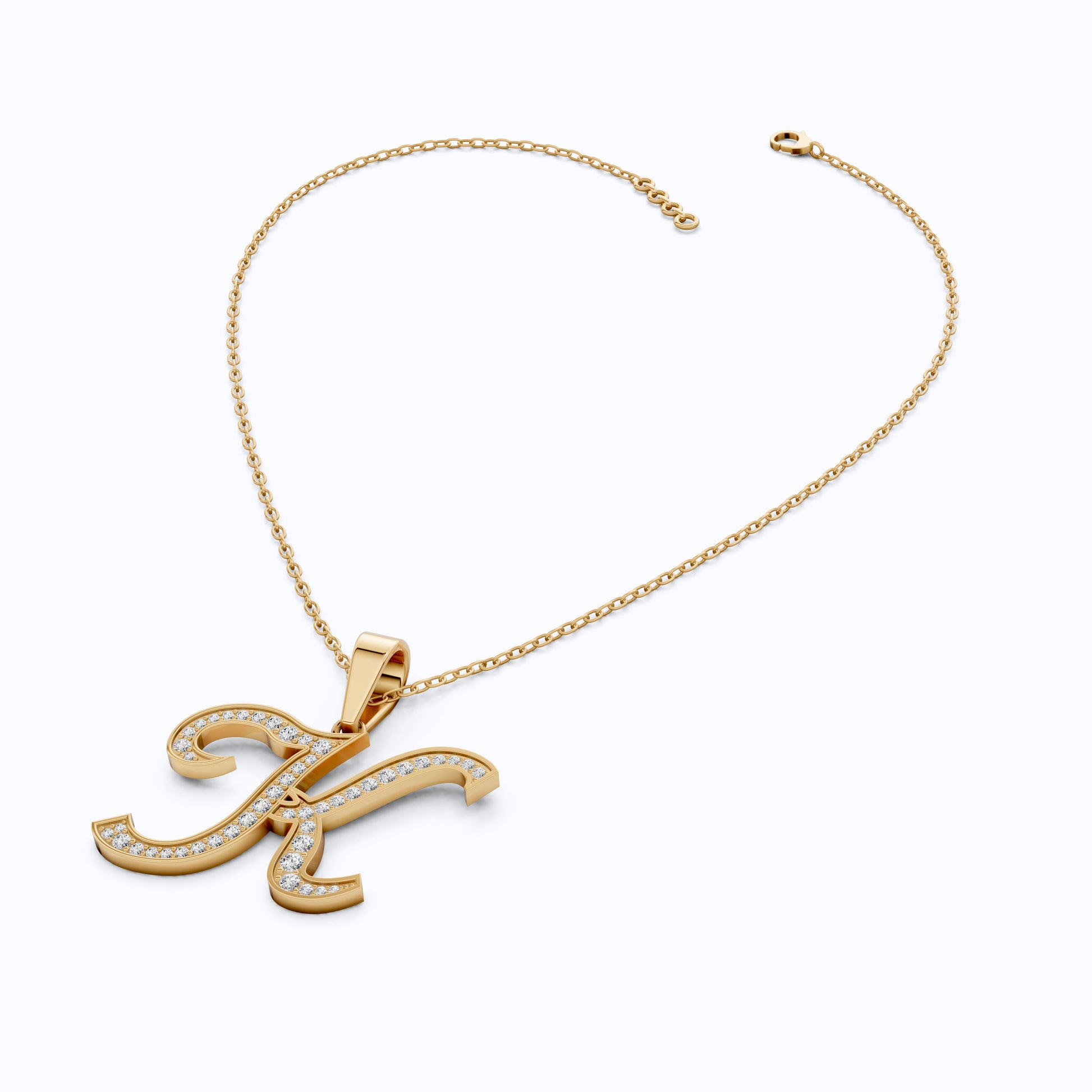 Personalized Pavé Cursive K Initial Pendant in Lab Grown Diamond-14k Solid Gold, Birthday Gift for Her/Him, Everyday Handmade Jewelry