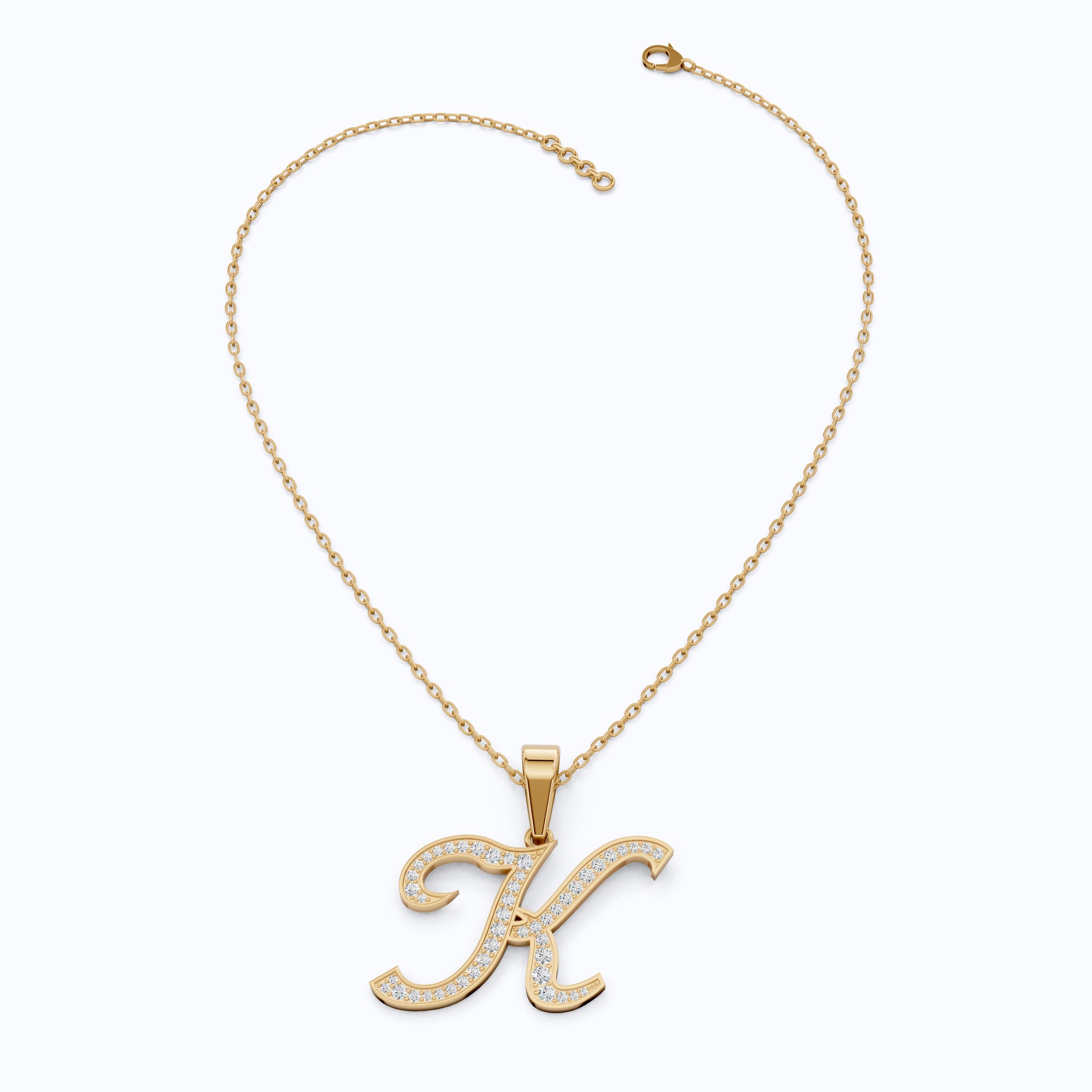 Personalized Pavé Cursive K Initial Pendant in Lab Grown Diamond-14k Solid Gold, Birthday Gift for Her/Him, Everyday Handmade Jewelry