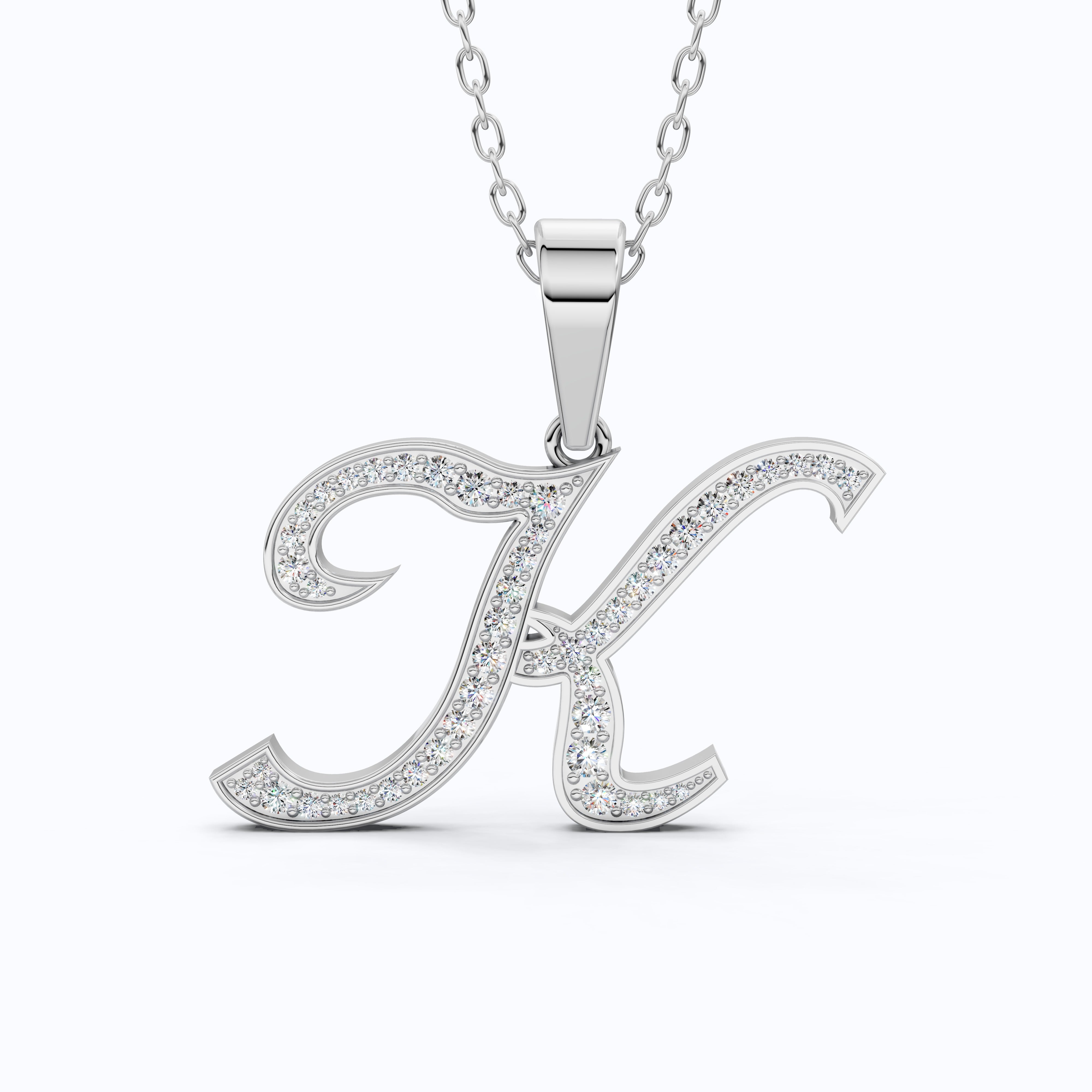 Personalized Pavé Cursive K Initial Pendant in Lab Grown Diamond-14k Solid Gold, Birthday Gift for Her/Him, Everyday Handmade Jewelry