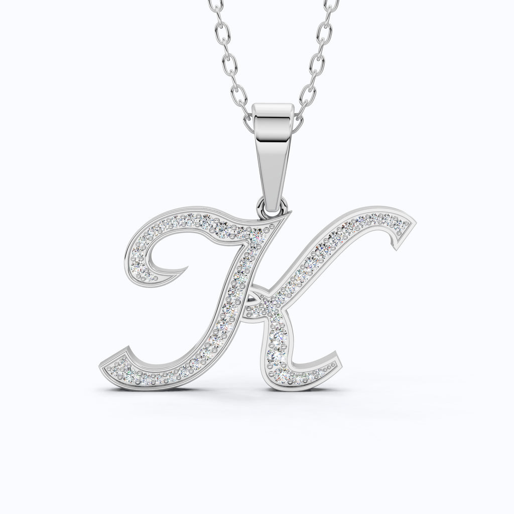 Personalized Pavé Cursive K Initial Pendant in Lab Grown Diamond-14k Solid Gold, Birthday Gift for Her/Him, Everyday Handmade Jewelry