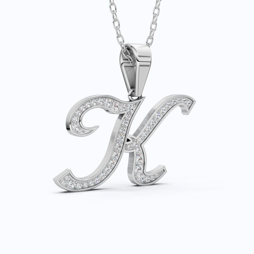 Personalized Pavé Cursive K Initial Pendant in Lab Grown Diamond-14k Solid Gold, Birthday Gift for Her/Him, Everyday Handmade Jewelry