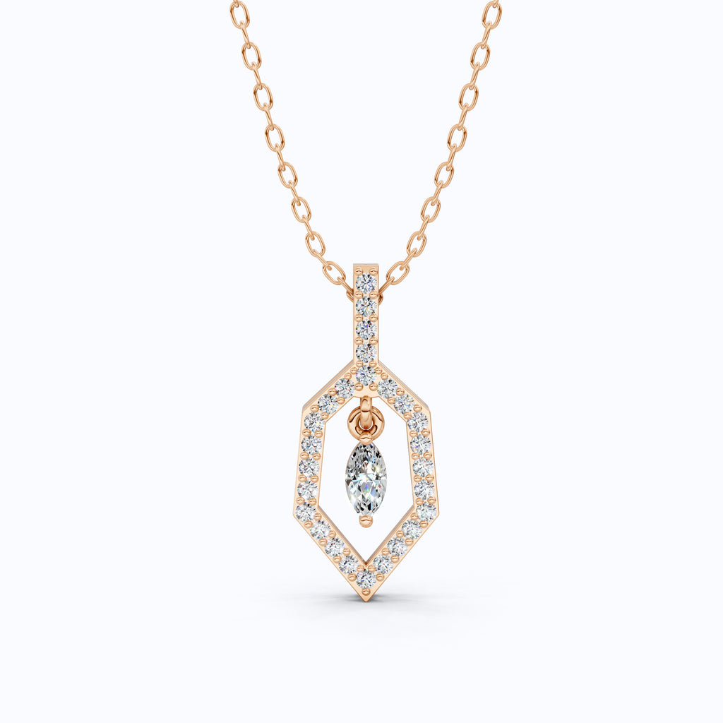 Geometric Marquise Drop Daily Wear Pendant in 14k Solid Gold, Everyday Gift for Wife, Antique Diamond Handmade Pendant