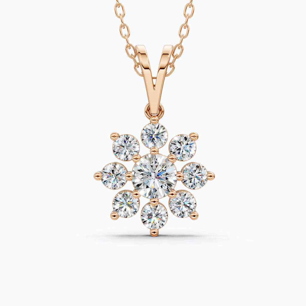 Round Brilliant Floral Cluster Snowflake Pendant in Lab Diamond-14k Solid Gold, Bridal Jewelry for Women