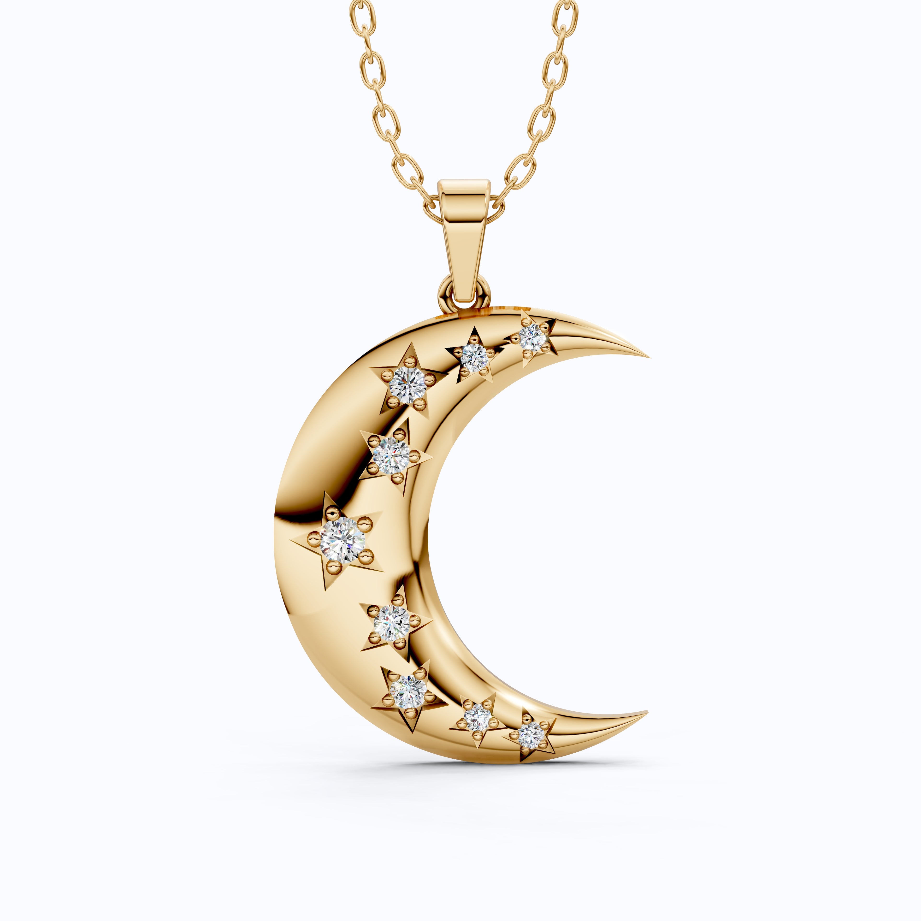 Celestial Crescent Moon Charm with Star Accents Wedding Pendant in Lab Grown Diamond-14k Solid Gold, Bridal Jewelry for Her
