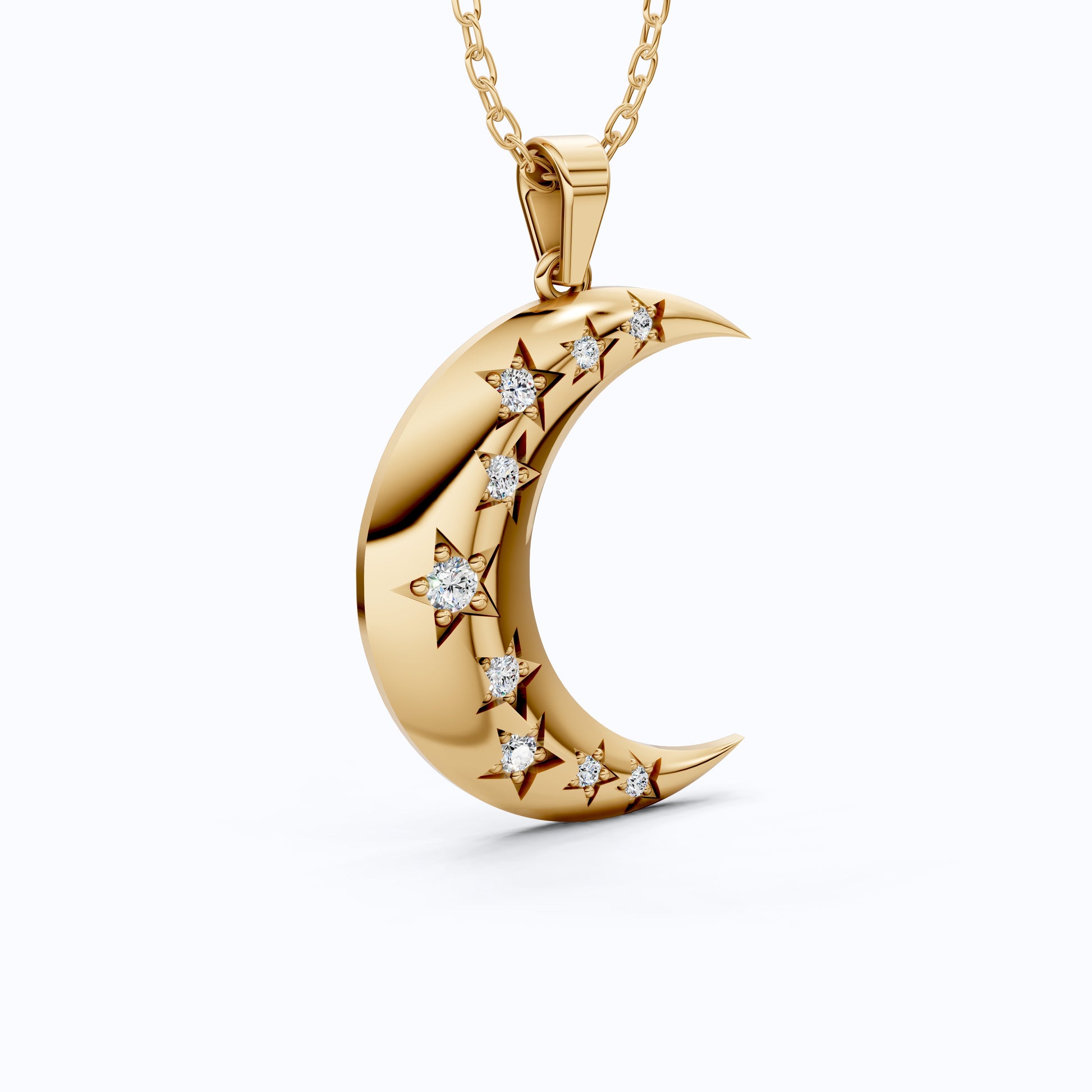 Celestial Crescent Moon Charm with Star Accents Wedding Pendant in Lab Grown Diamond-14k Solid Gold, Bridal Jewelry for Her