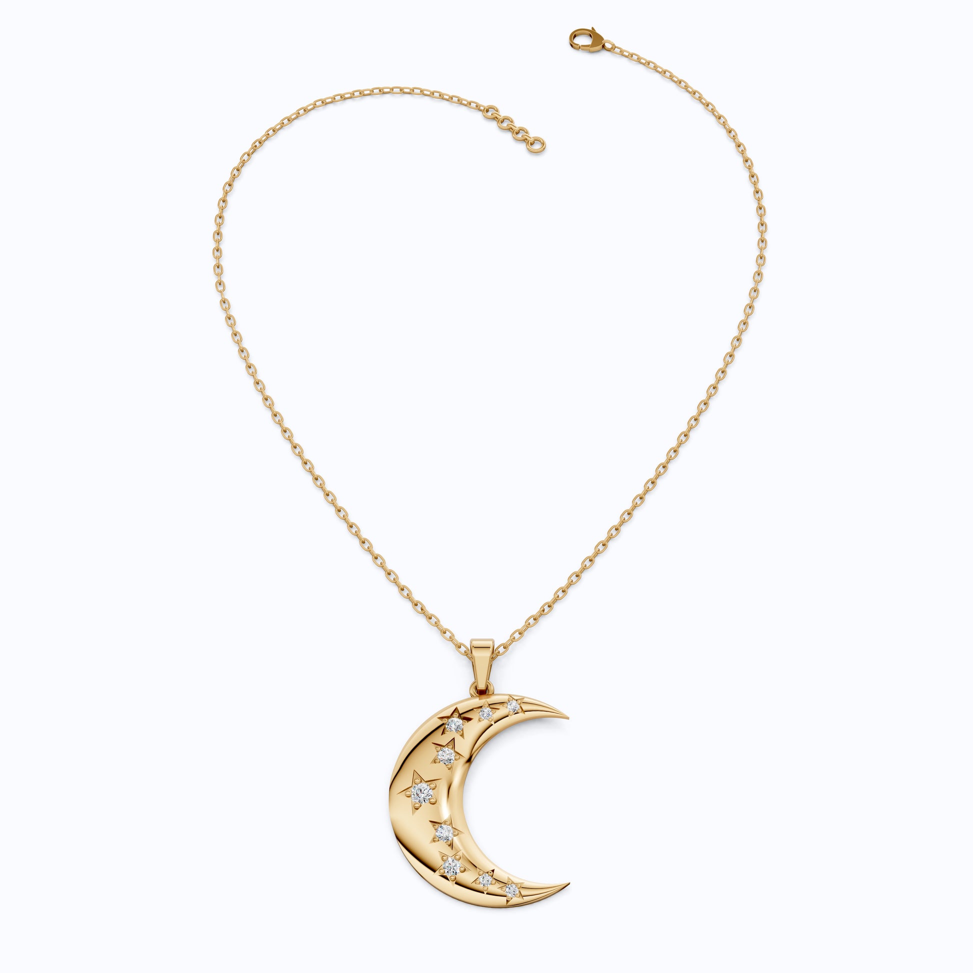 Celestial Crescent Moon Charm with Star Accents Wedding Pendant in Lab Grown Diamond-14k Solid Gold, Bridal Jewelry for Her