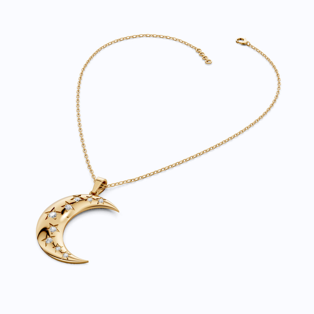 Celestial Crescent Moon Charm with Star Accents Wedding Pendant in Lab Grown Diamond-14k Solid Gold, Bridal Jewelry for Her