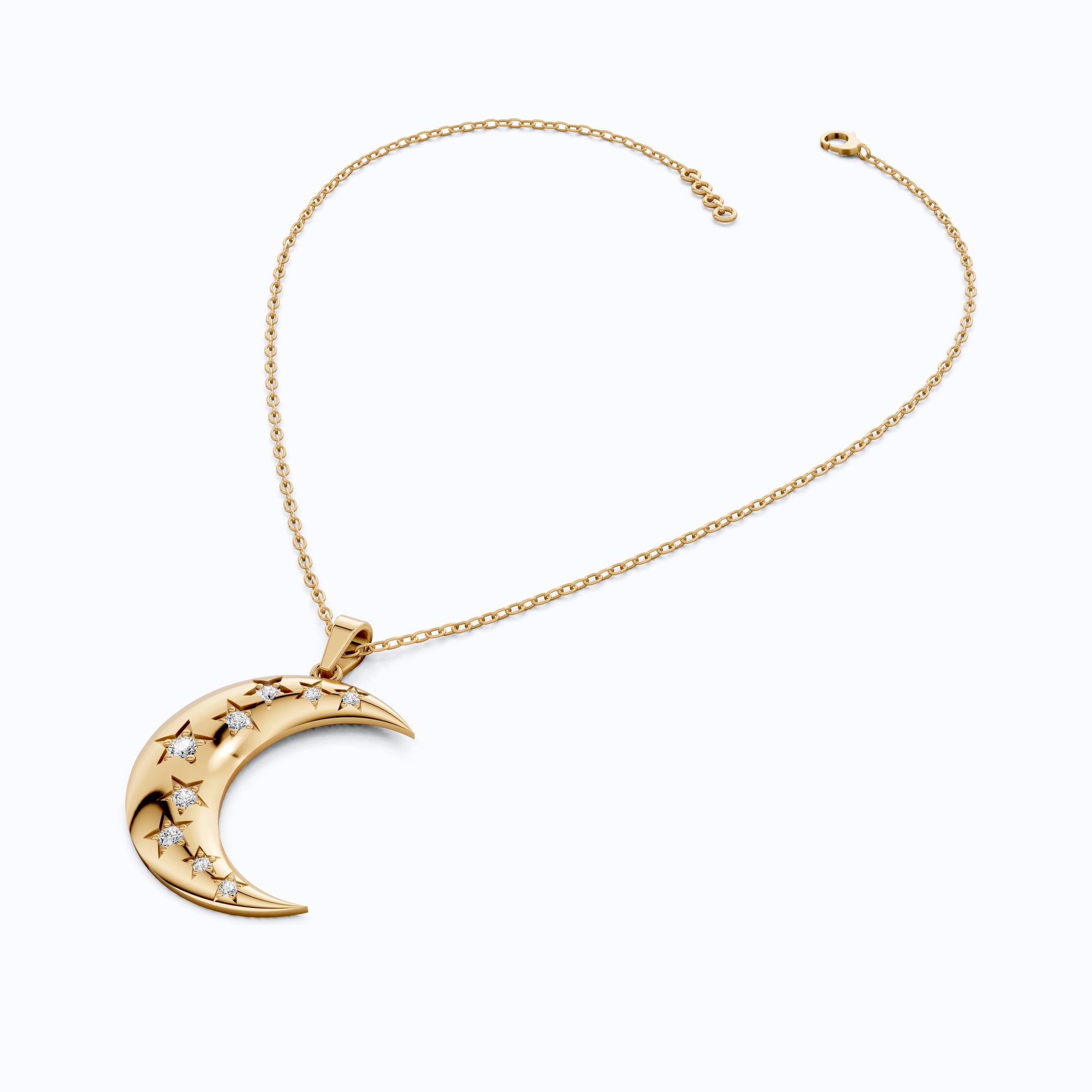 Celestial Crescent Moon Charm with Star Accents Wedding Pendant in Lab Grown Diamond-14k Solid Gold, Bridal Jewelry for Her