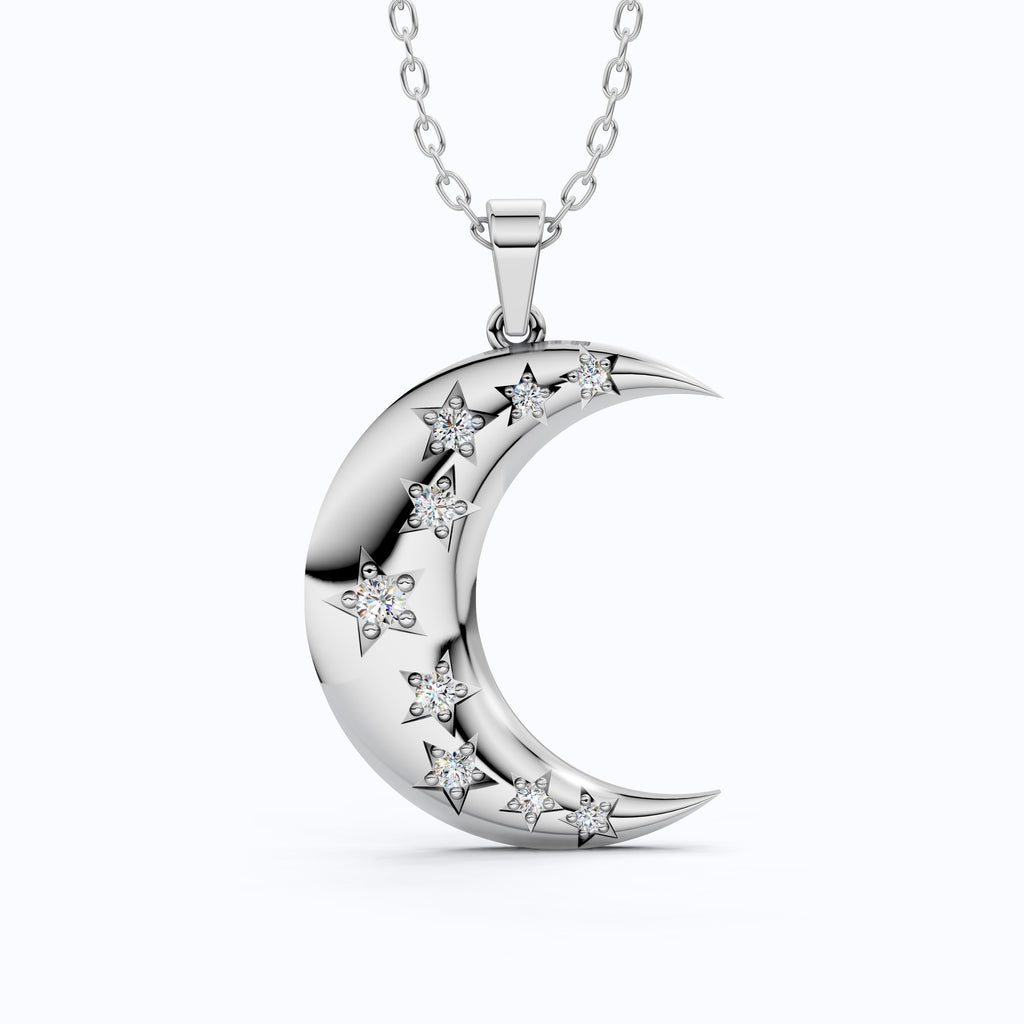 Celestial Crescent Moon Charm with Star Accents Wedding Pendant in Lab Grown Diamond-14k Solid Gold, Bridal Jewelry for Her