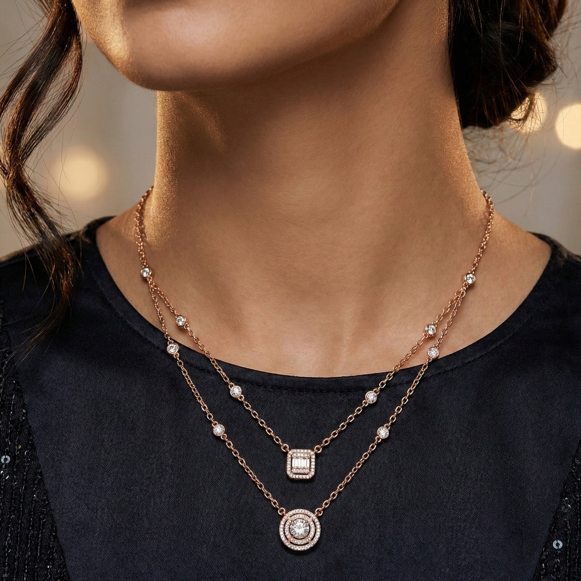 14K Gold Double Layered Necklace, 2.65 TCW Lab Diamonds, Dual Halo Pendant Necklace, Wedding Jewelry, Gift for Wife